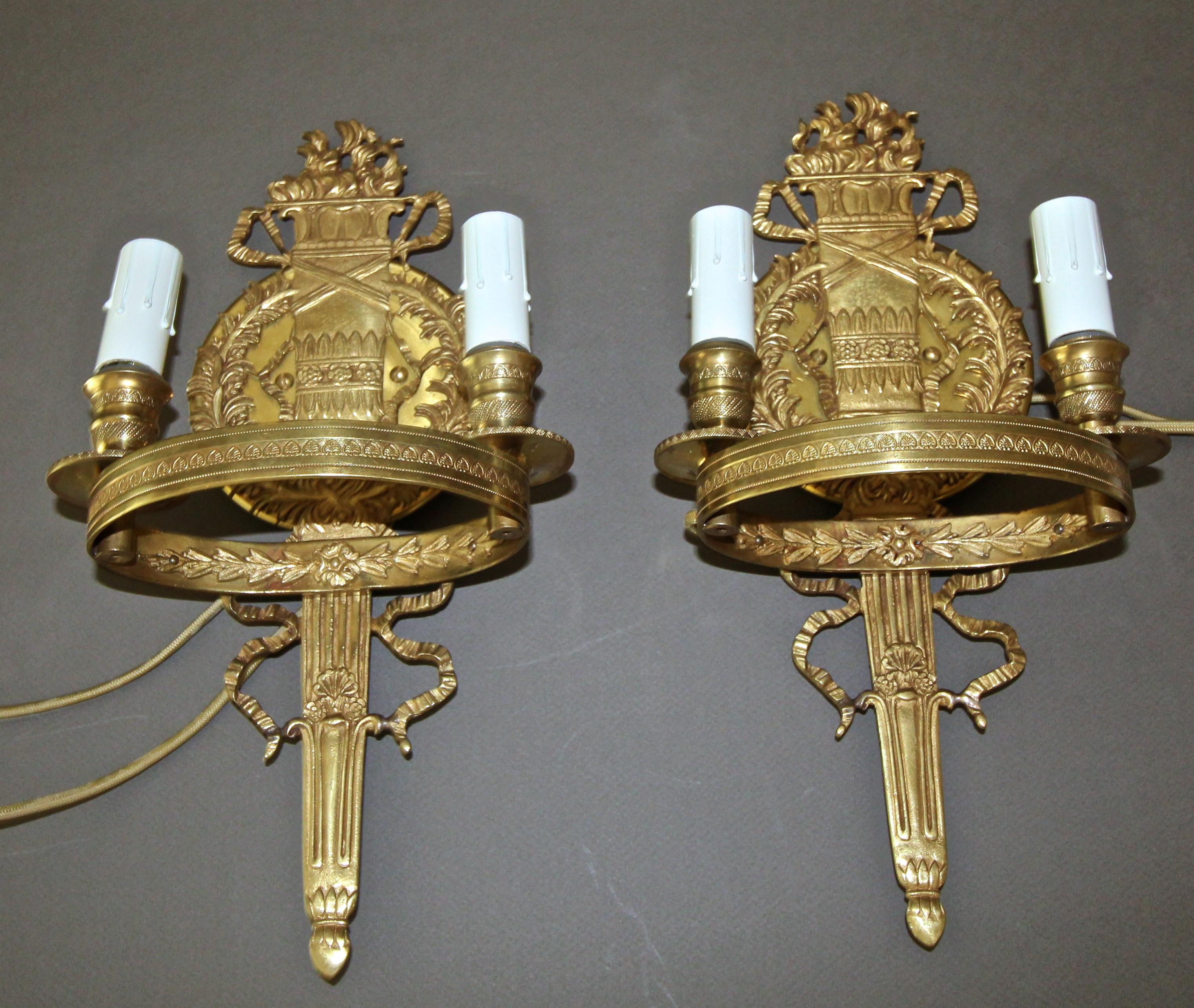 Mid-20th Century Pair of French Empire Style Brass Wall Sconces