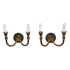 Pair of French Empire Style Brass Wall Sconces with Lions Heads