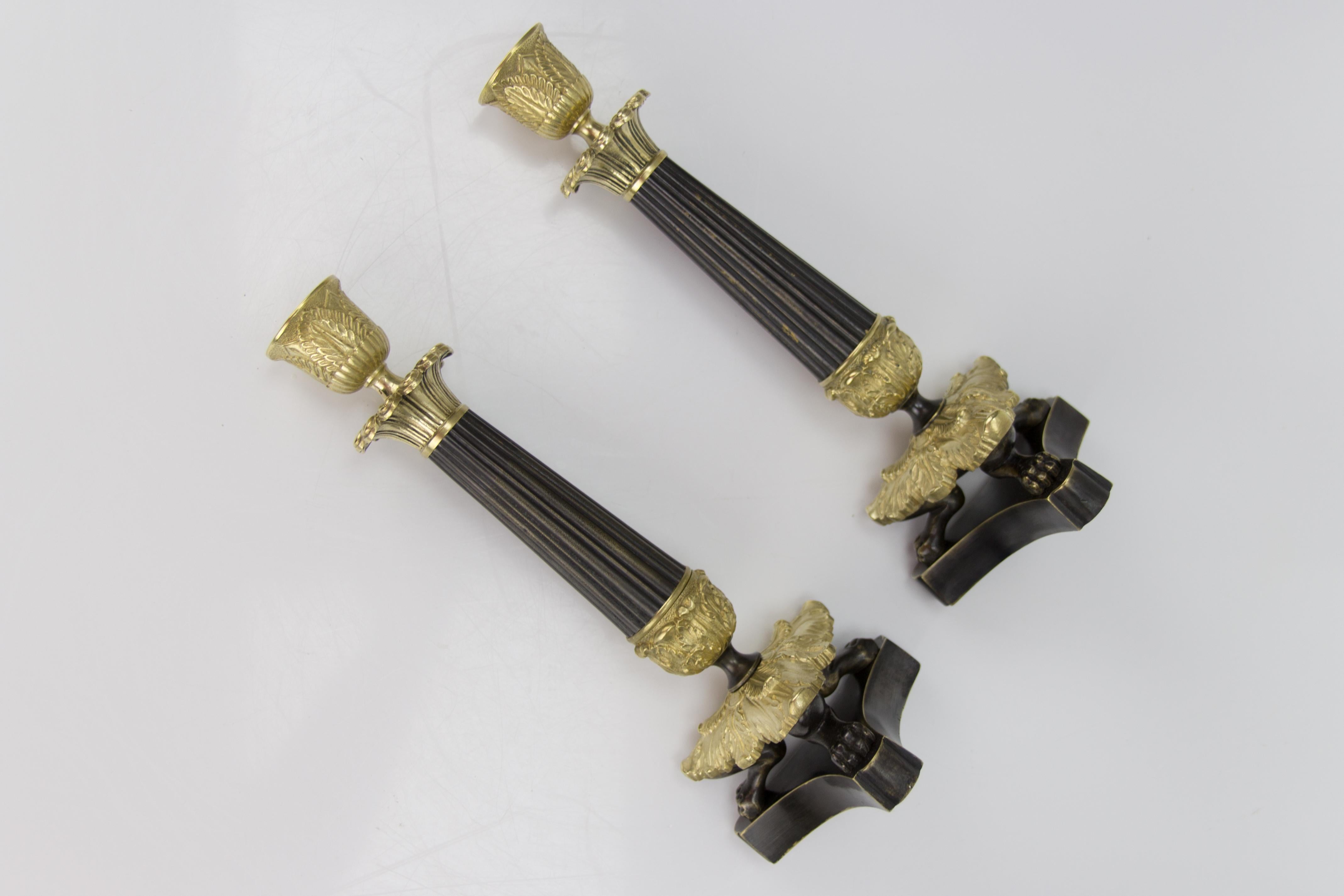 Pair of French Empire Style Bronze and Brass Candlesticks on Tripod Base For Sale 8