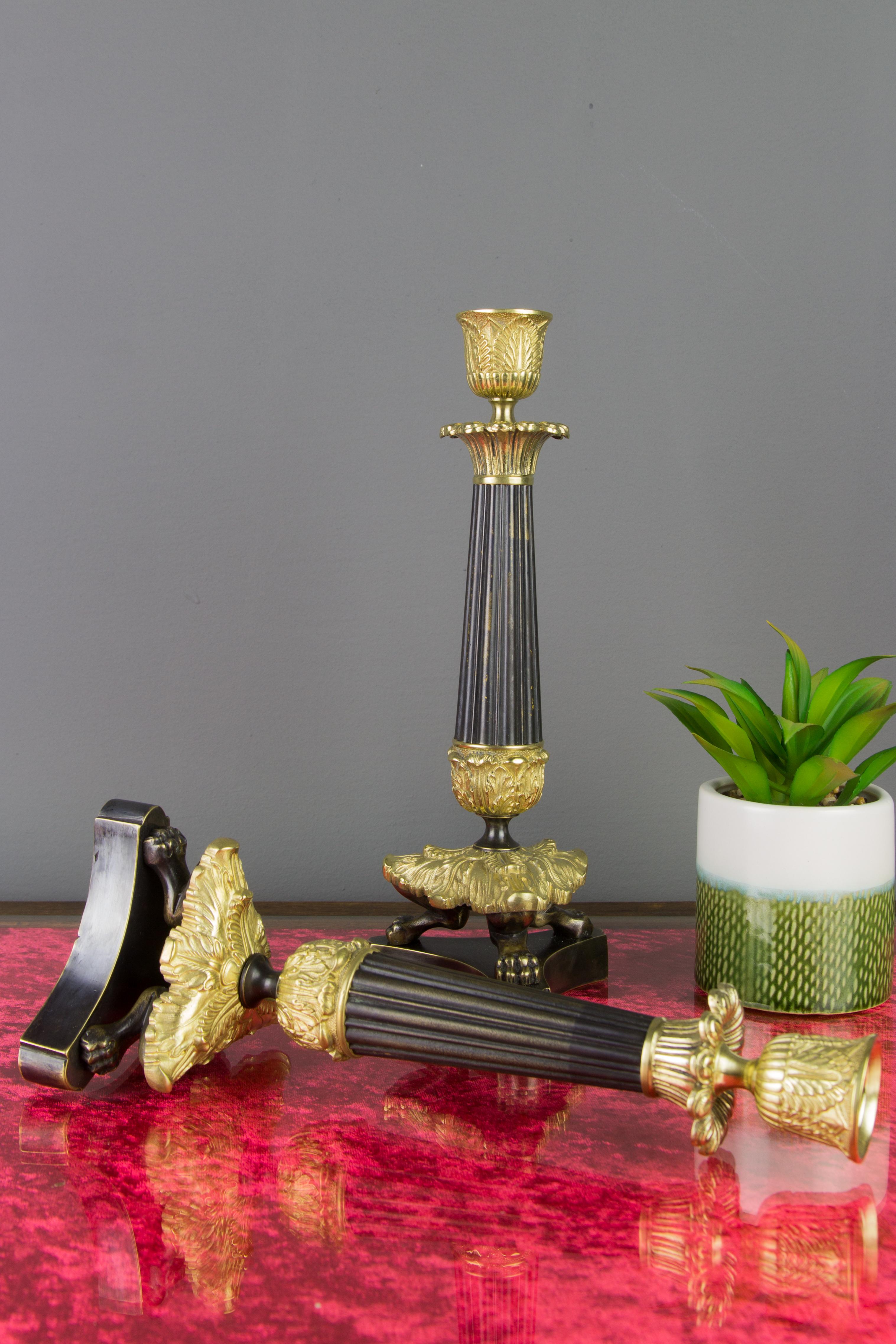 Pair of French Empire Style Bronze and Brass Candlesticks on Tripod Base For Sale 15