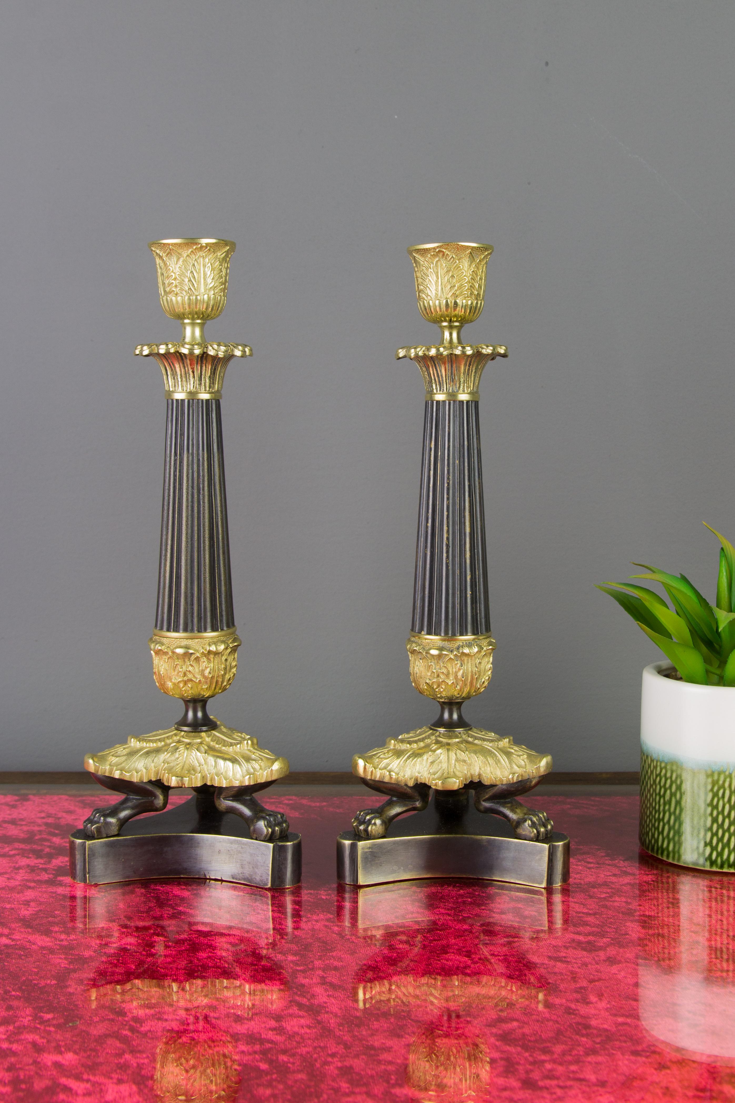 Pair of French Empire Style Bronze and Brass Candlesticks on Tripod Base For Sale 1