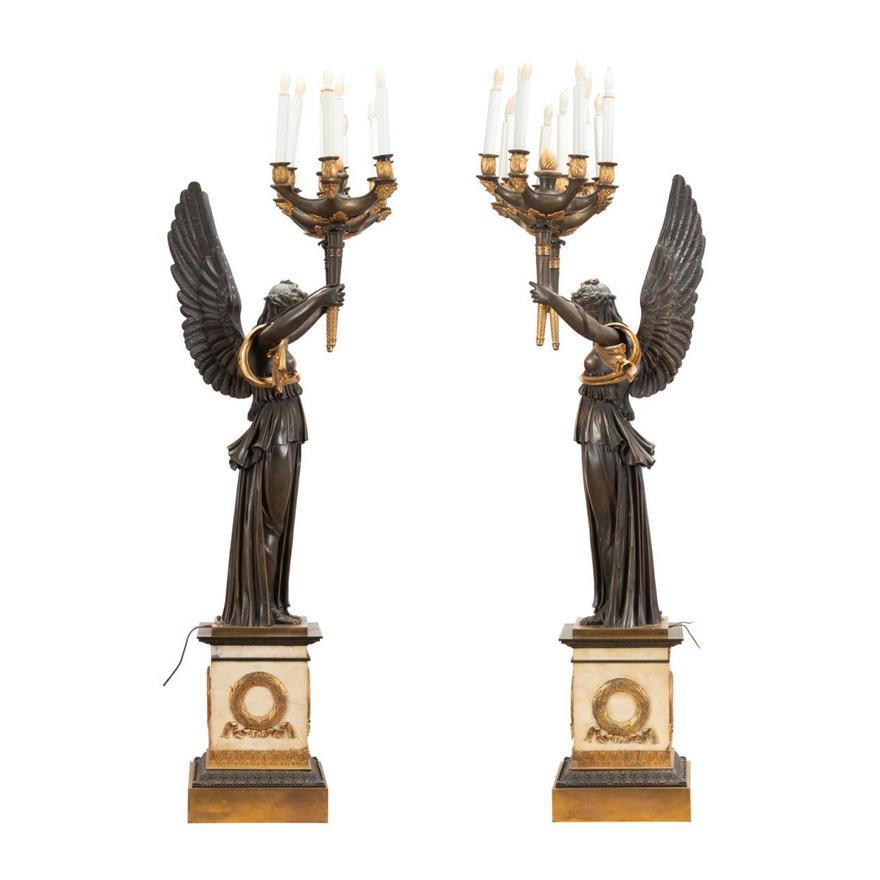 Gilt Pair of French Empire style Bronze and Bronze Dore Candelabra For Sale
