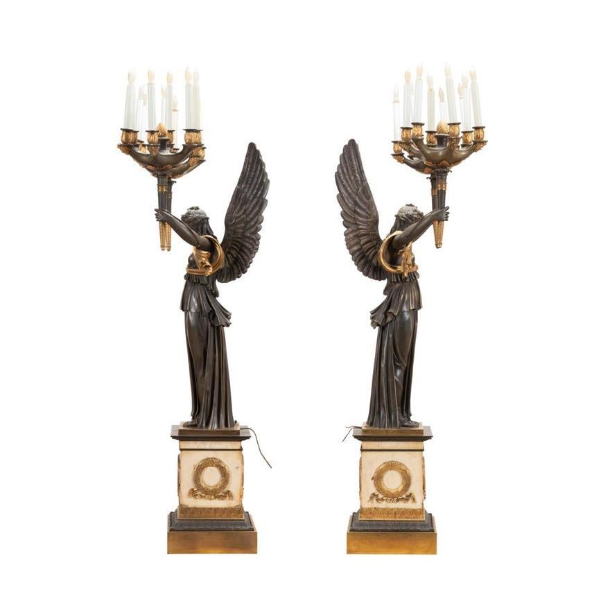 Pair of French Empire style Bronze and Bronze Dore Candelabra In Good Condition For Sale In Atlanta, GA