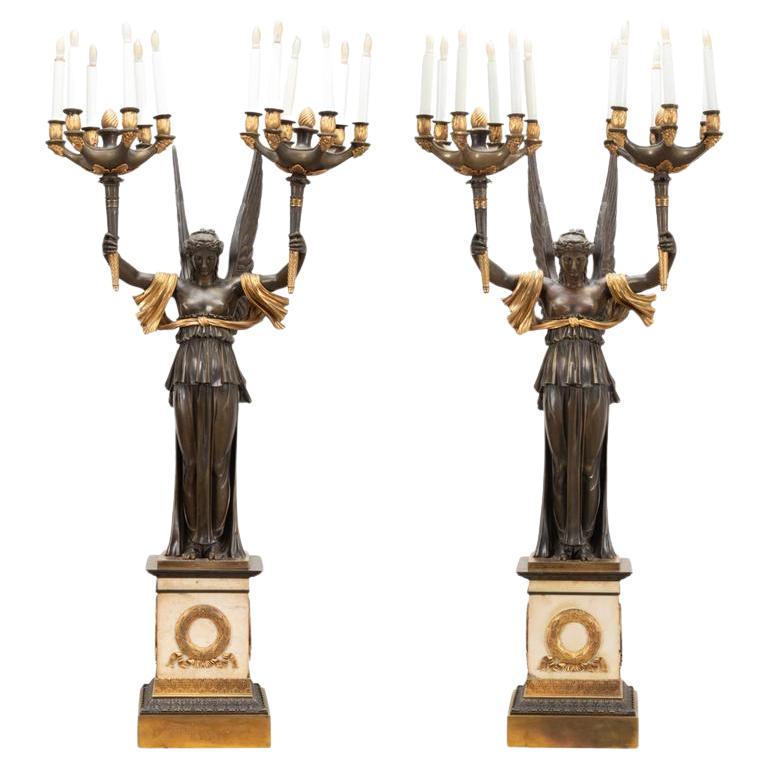Pair of French Empire style Bronze and Bronze Dore Candelabra For Sale