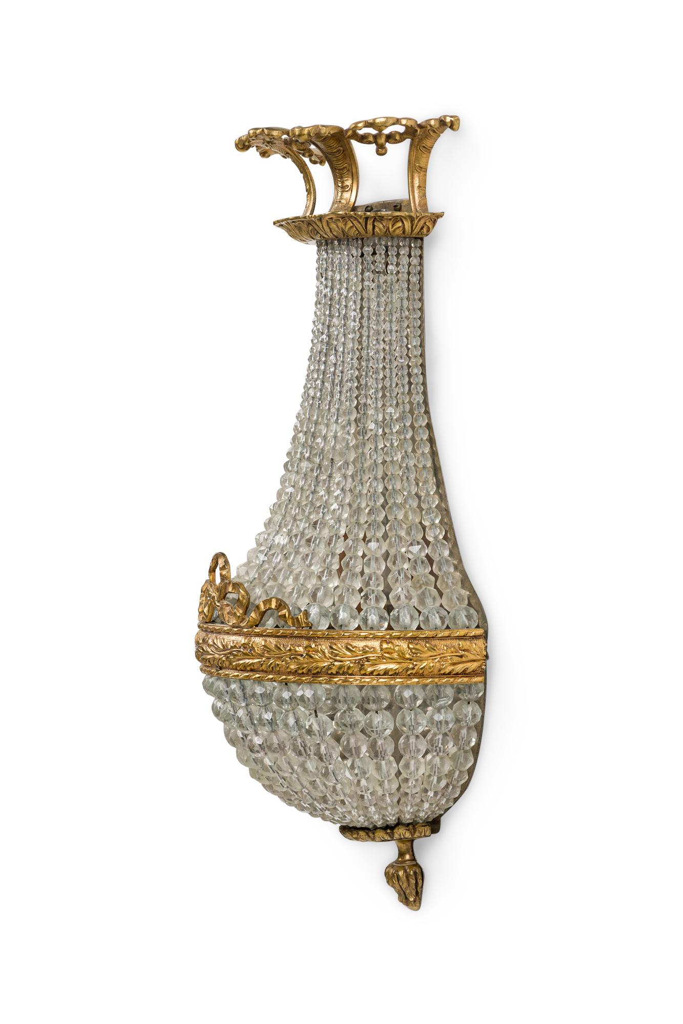 Hand-Crafted Pair of French Empire Style Bronze and Crystal Wall Lights Sconces For Sale