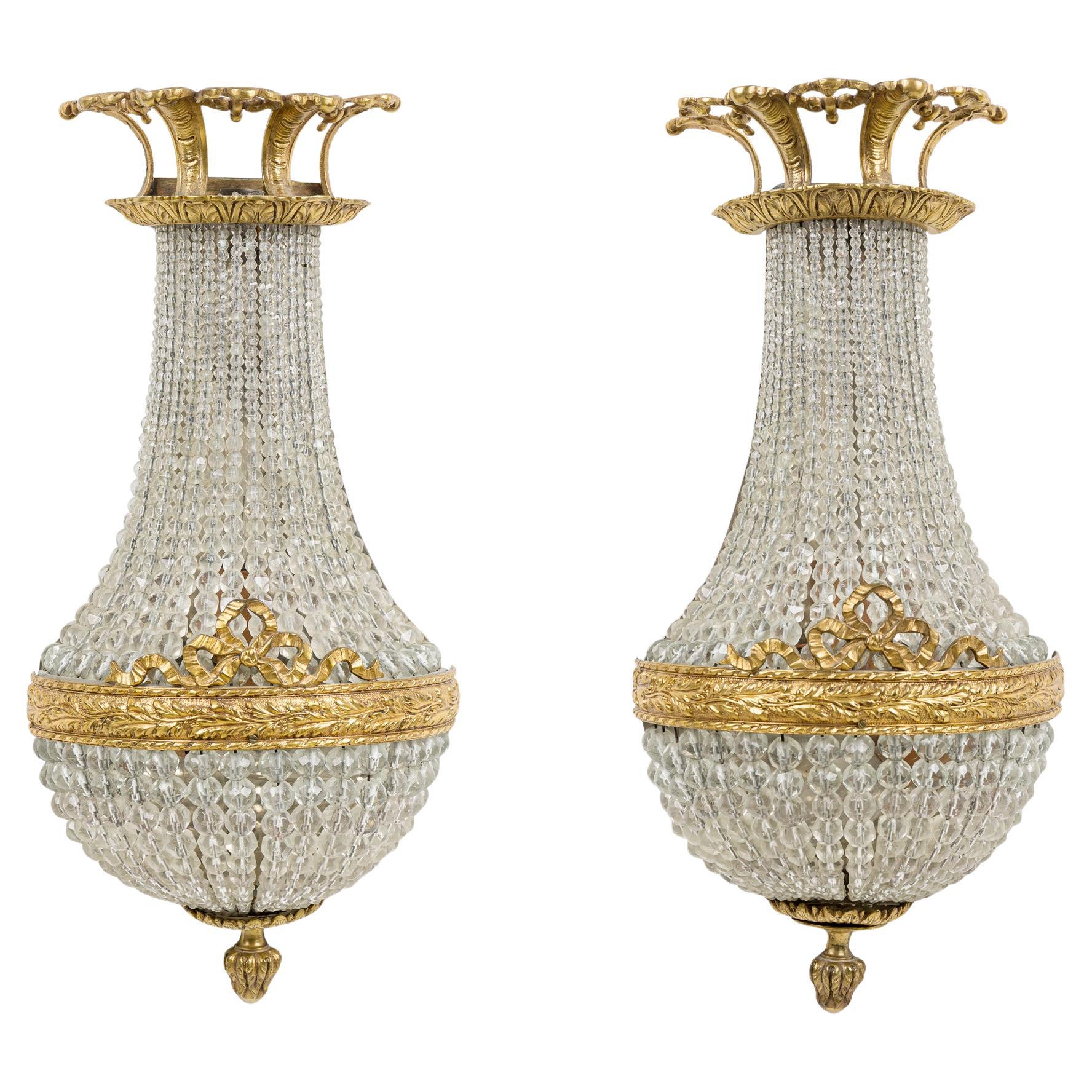 Pair of French Empire Style Bronze and Crystal Wall Lights Sconces For Sale