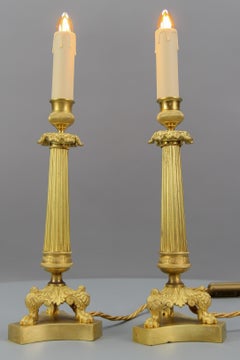 Pair of French Empire Style Bronze Candlestick Table Lamps on Tripod Base