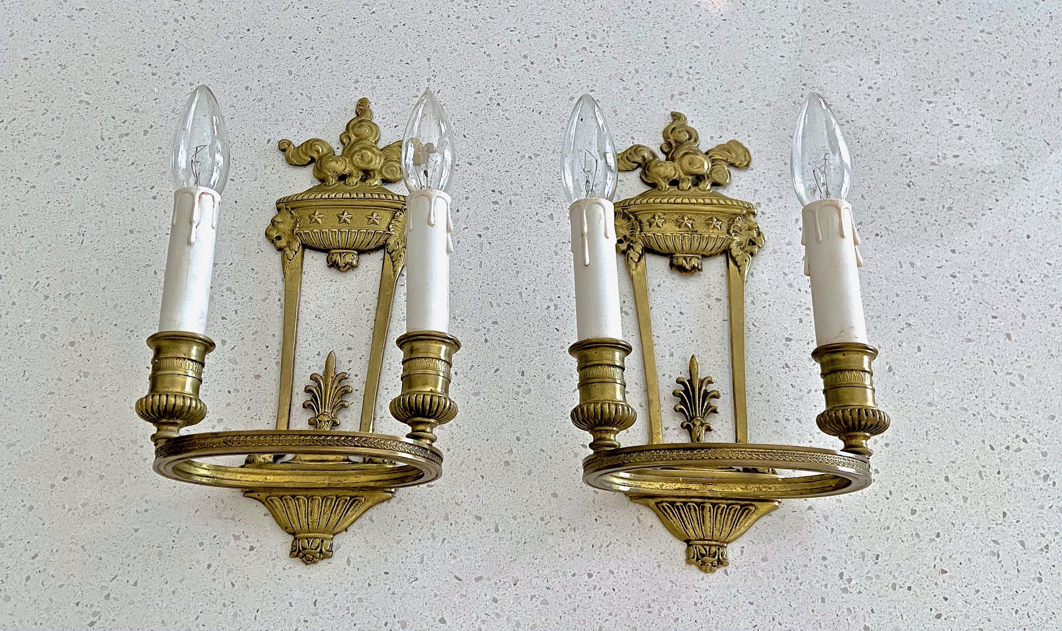 Pair of French Empire Style Bronze Lion Wall Sconces In Good Condition In Palm Springs, CA