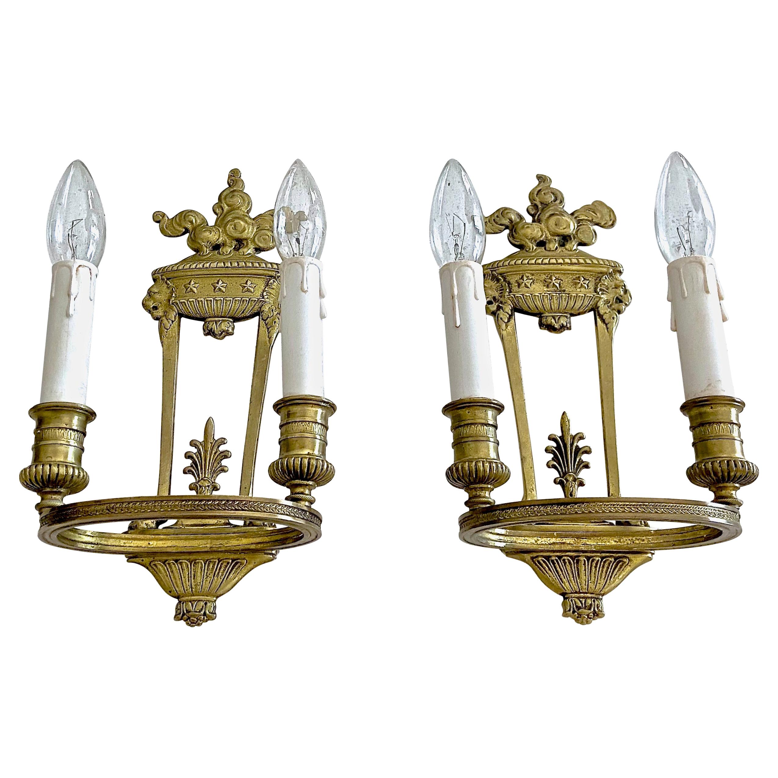 Pair of French Empire Style Bronze Lion Wall Sconces