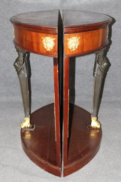 Pair of French Empire Style Bronze Mounted Demilune Mahogany Console Tables