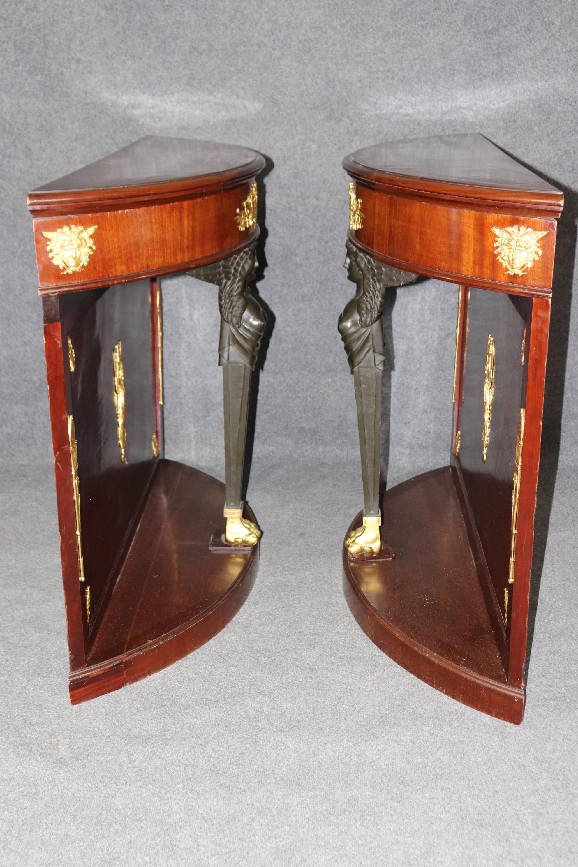 Carved Pair of French Empire Style Bronze Mounted Demilune Mahogany Console Tables For Sale