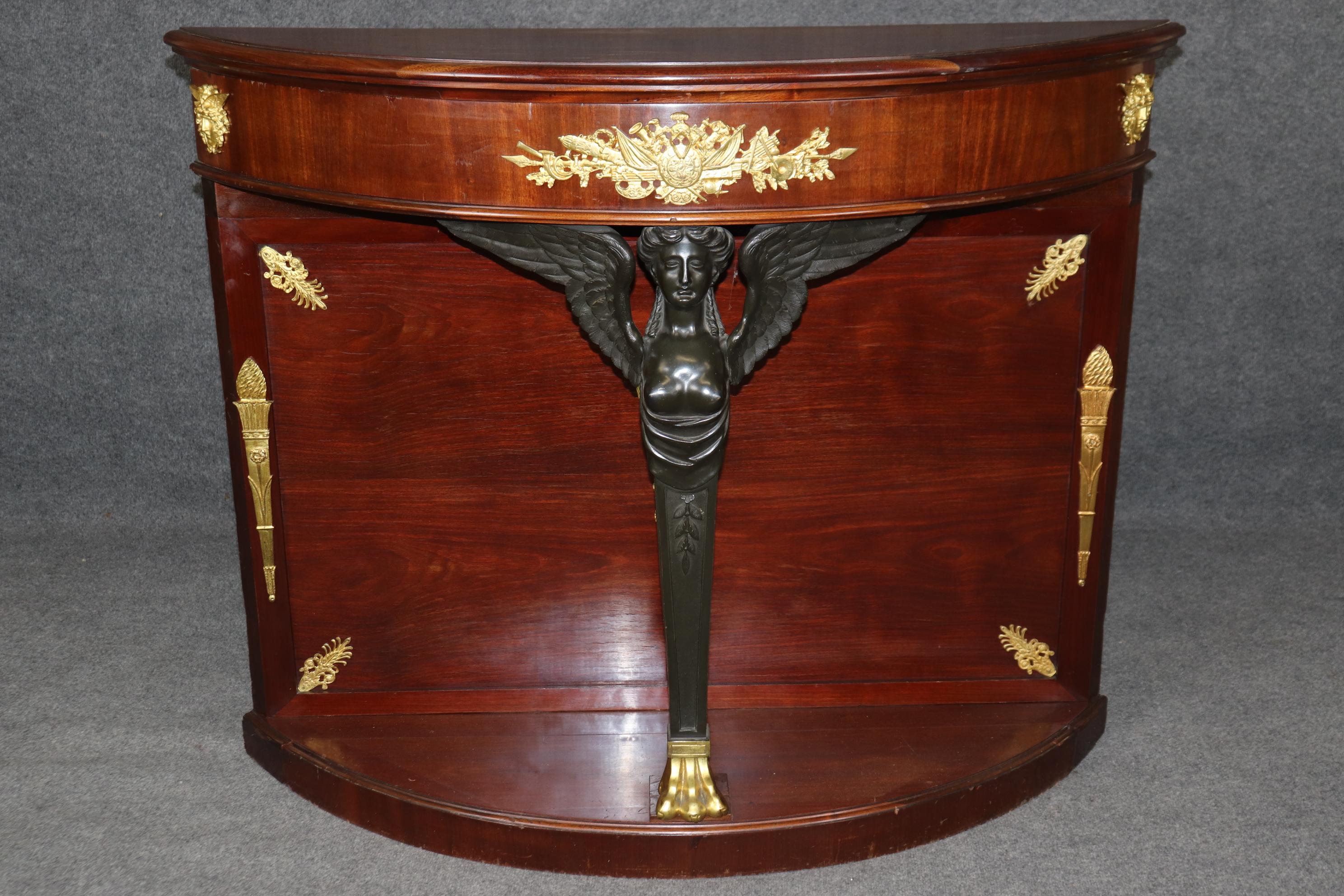 Pair of French Empire Style Bronze Mounted Demilune Mahogany Console Tables In Good Condition For Sale In Swedesboro, NJ