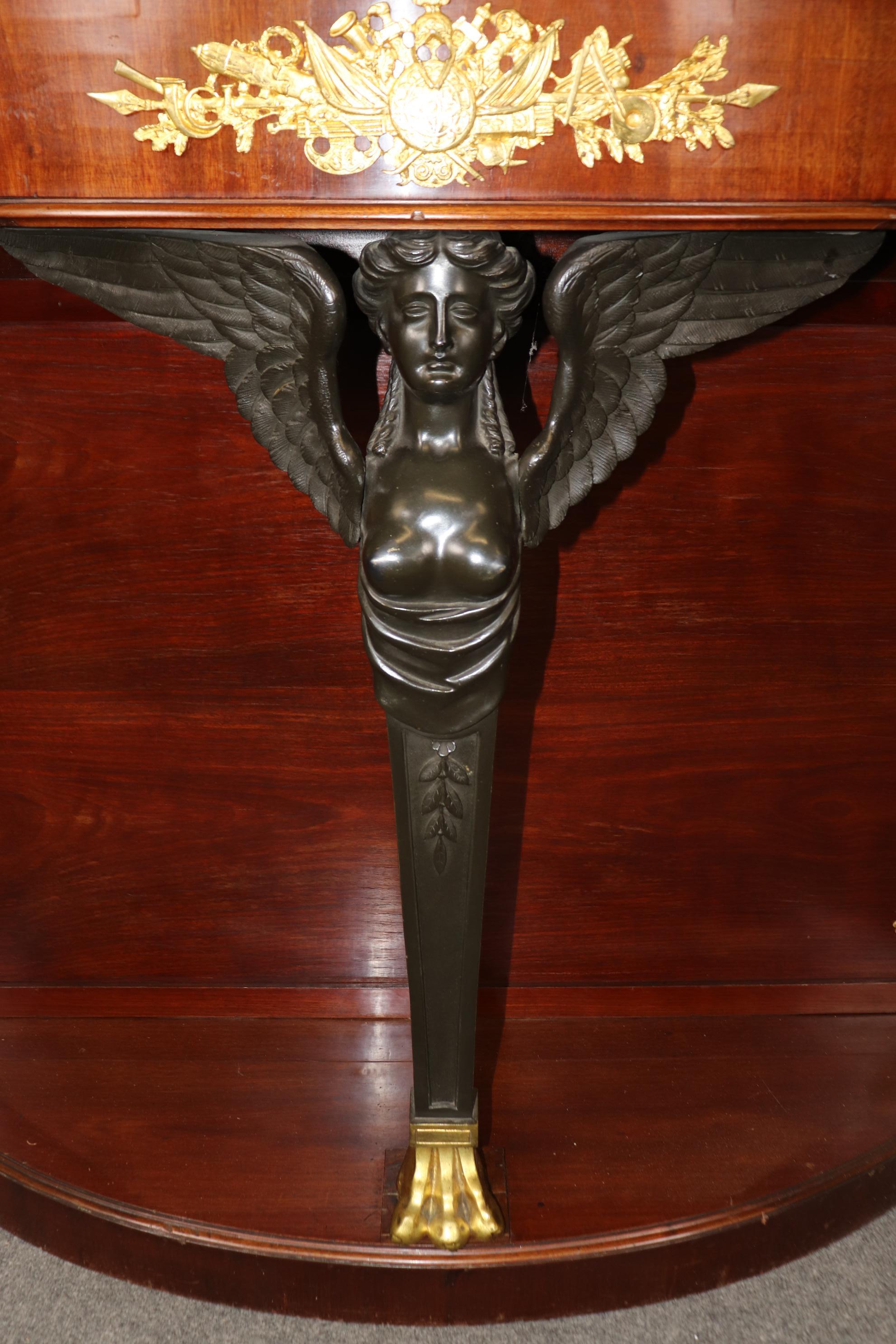 Pair of French Empire Style Bronze Mounted Demilune Mahogany Console Tables For Sale 1