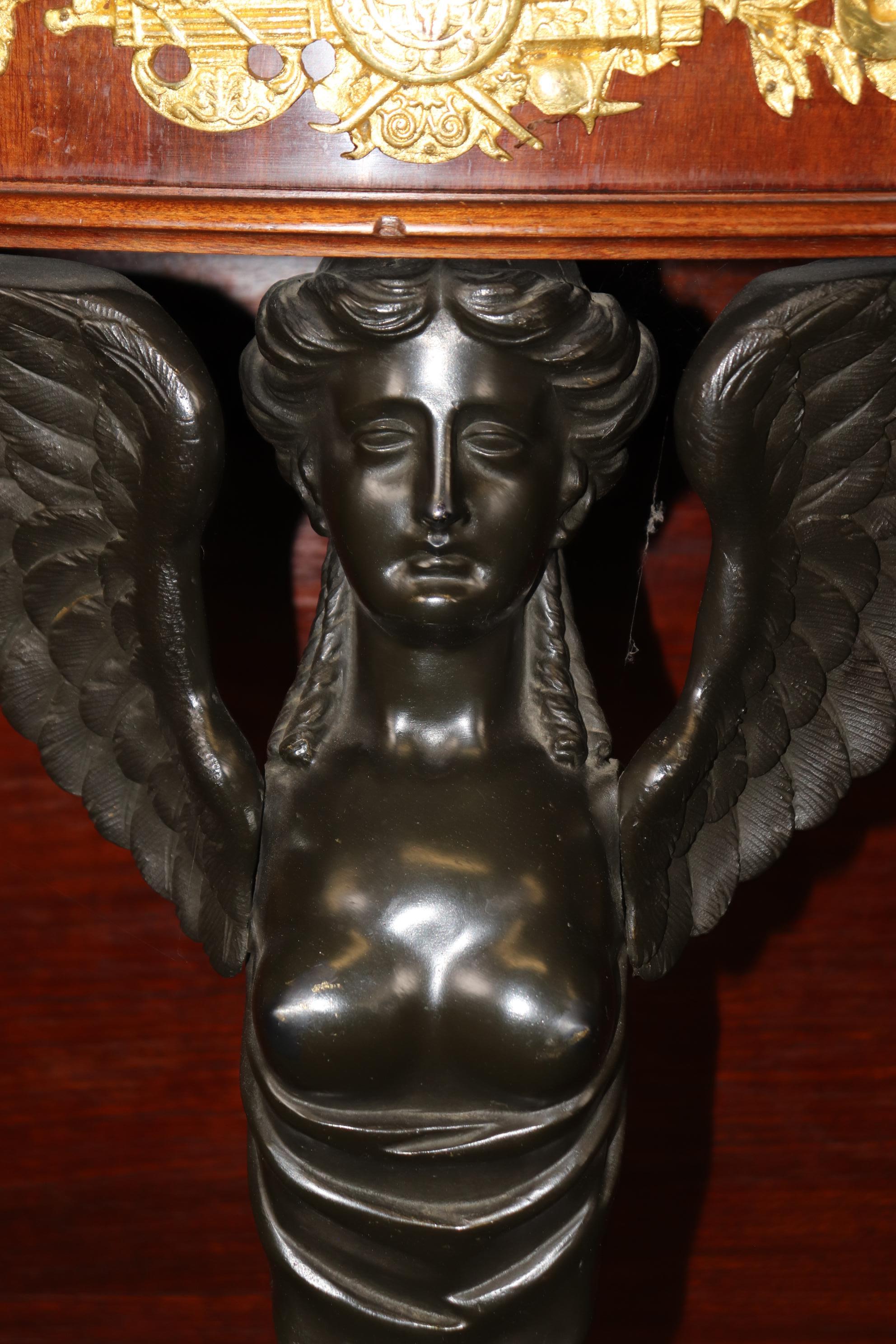 Pair of French Empire Style Bronze Mounted Demilune Mahogany Console Tables For Sale 2