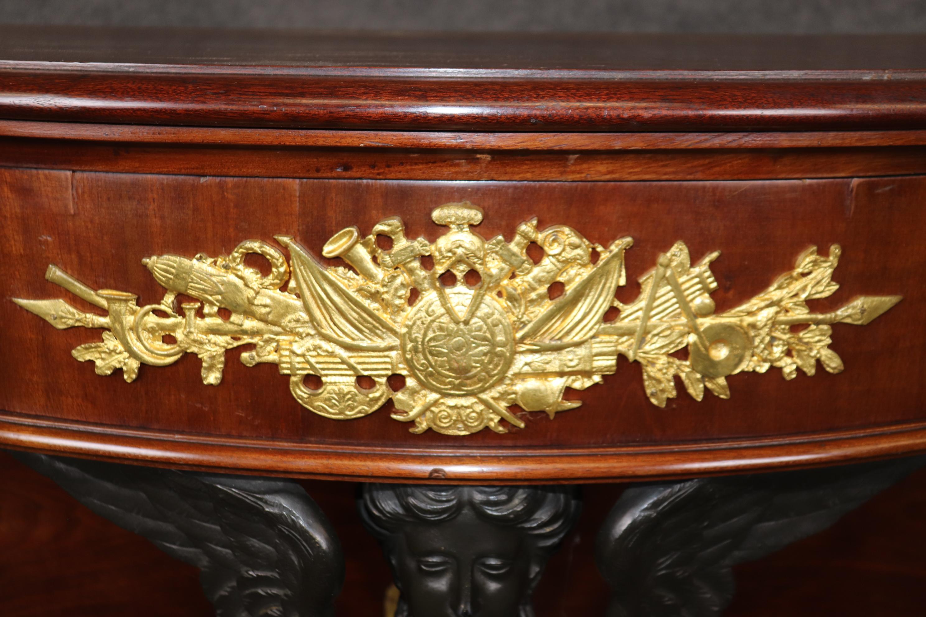 Pair of French Empire Style Bronze Mounted Demilune Mahogany Console Tables For Sale 4