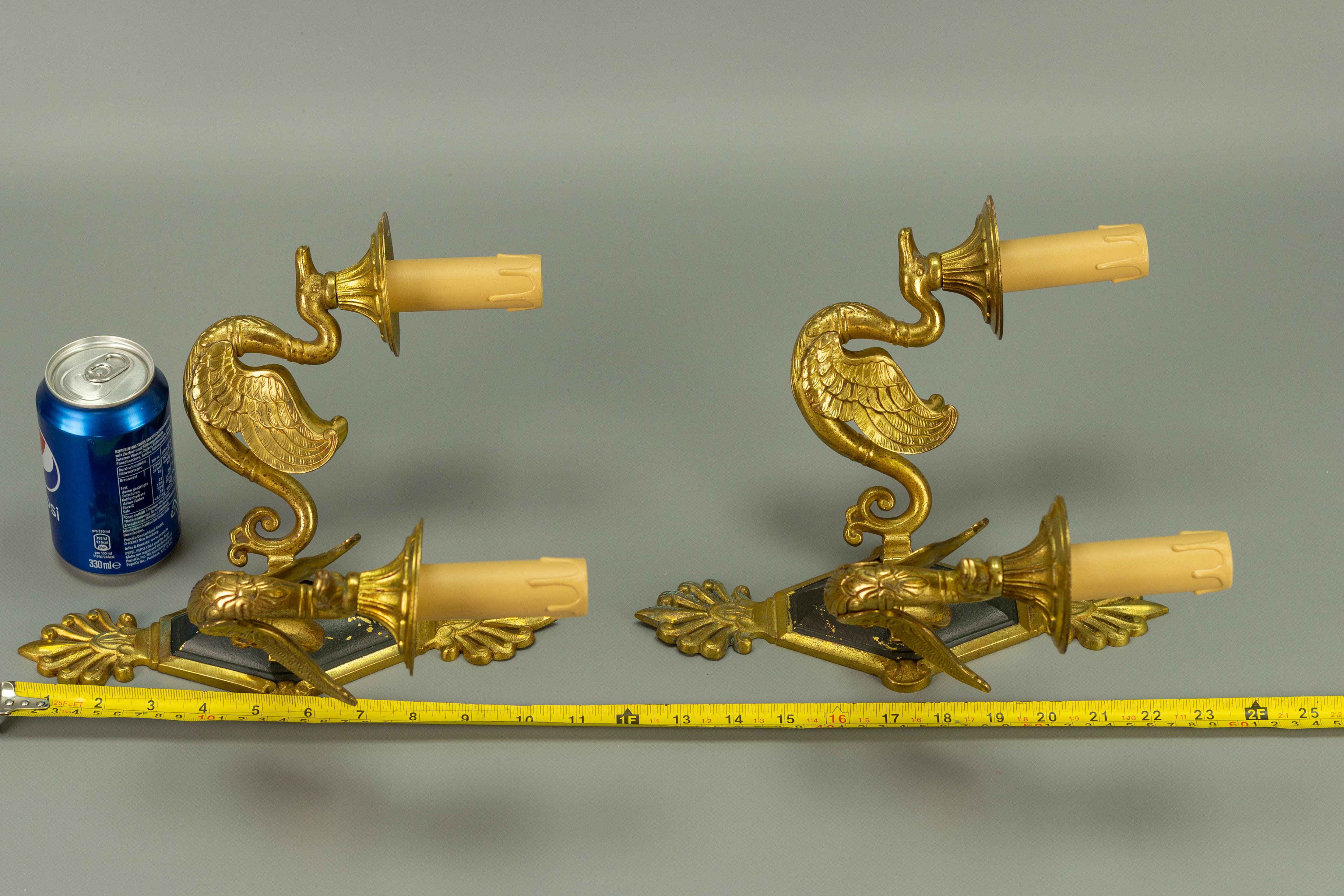 Pair of French Empire Style Bronze Twin Arm Swans Sconces 6