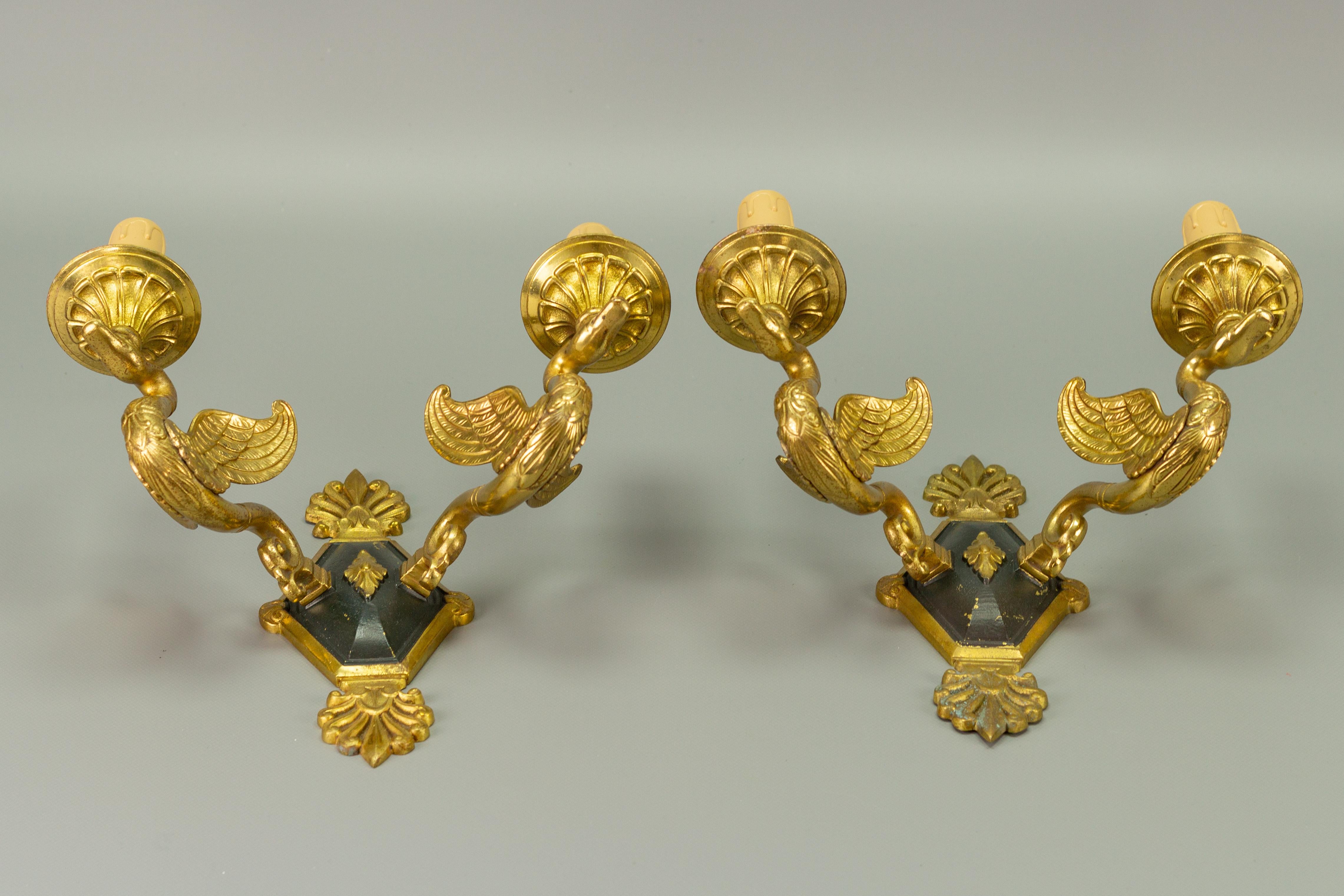 Pair of French Empire Style Bronze Twin Arm Swans Sconces 16