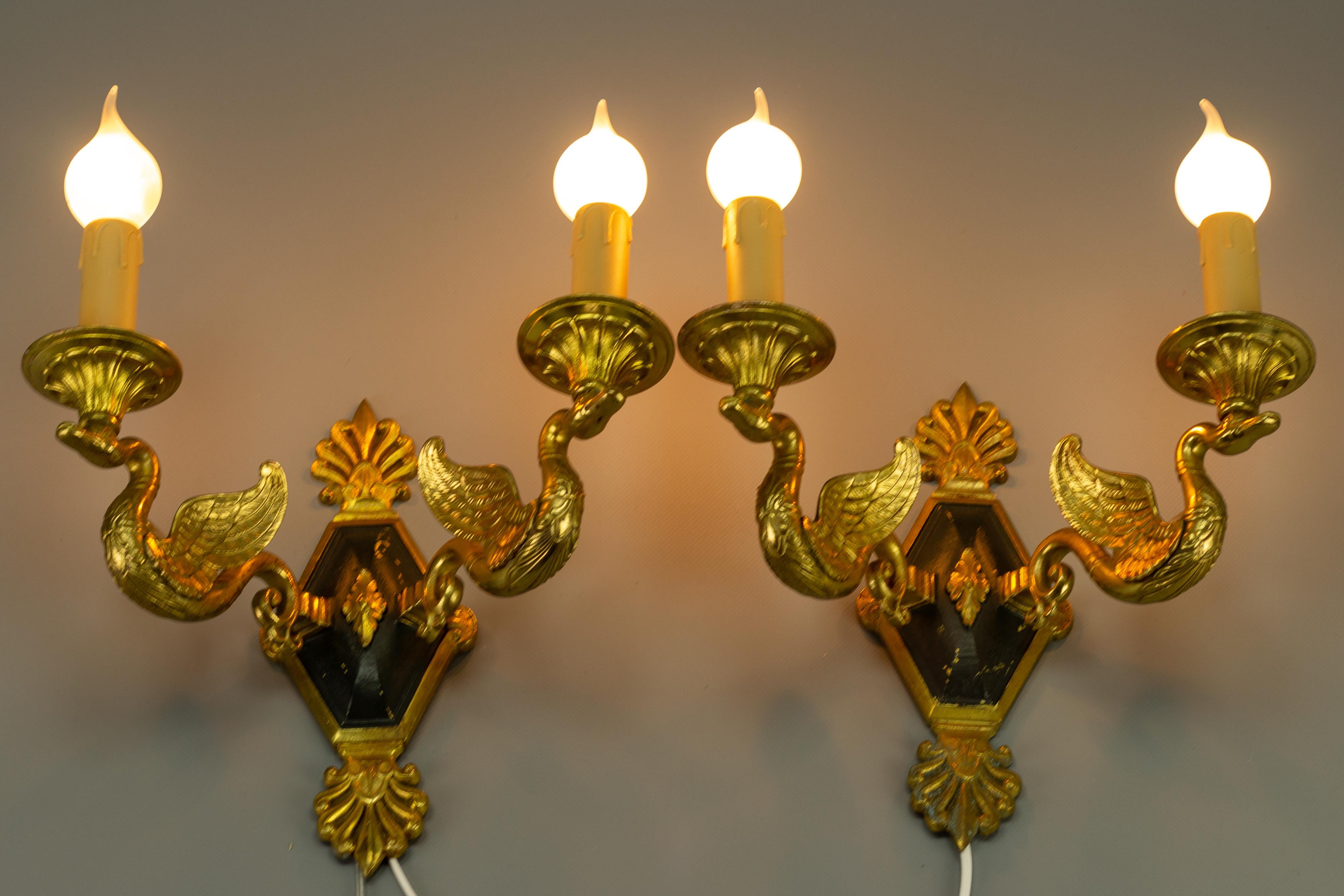 Pair of French Empire Style Bronze Twin Arm Swans Sconces In Good Condition In Barntrup, DE