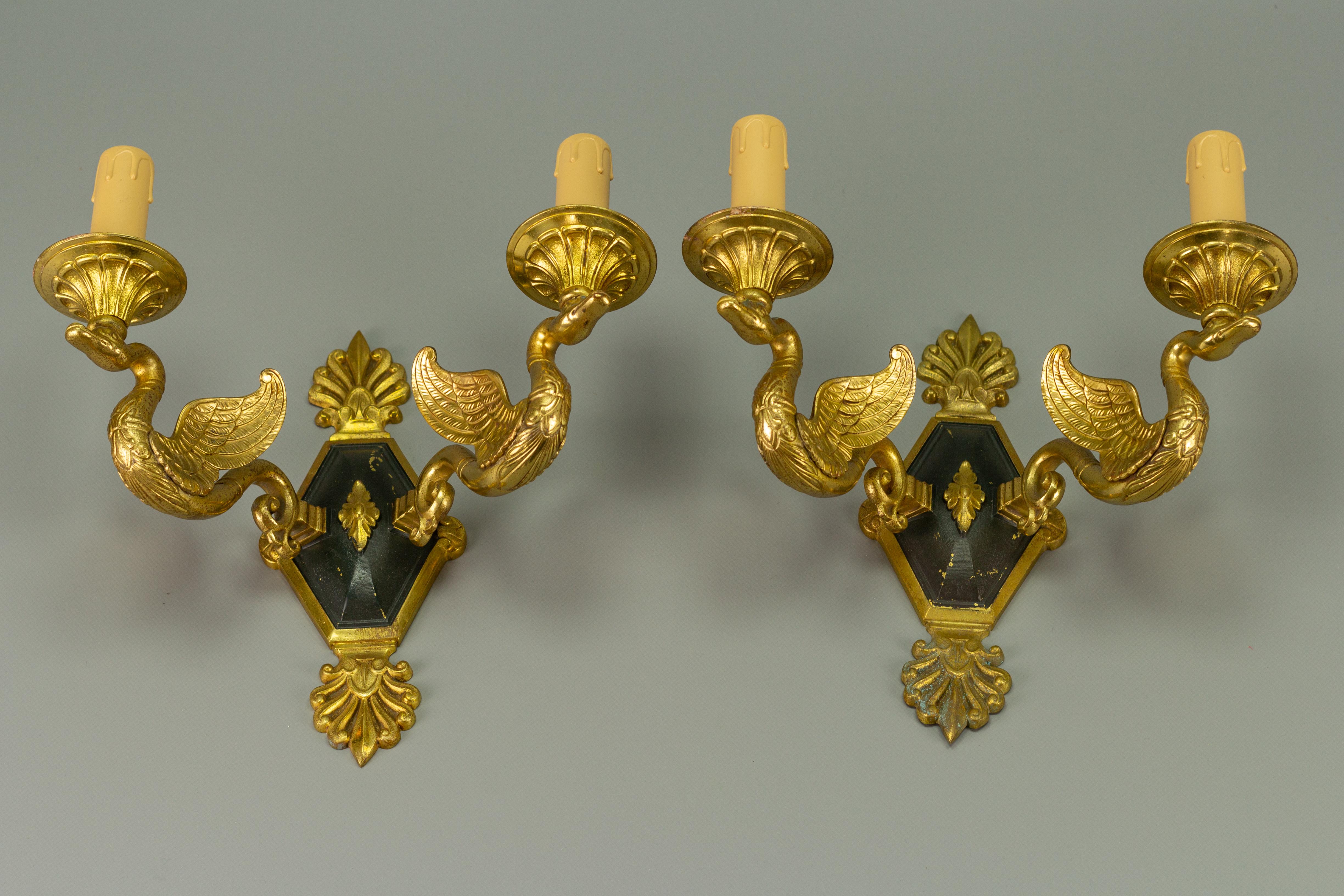 Pair of French Empire Style Bronze Twin Arm Swans Sconces 2