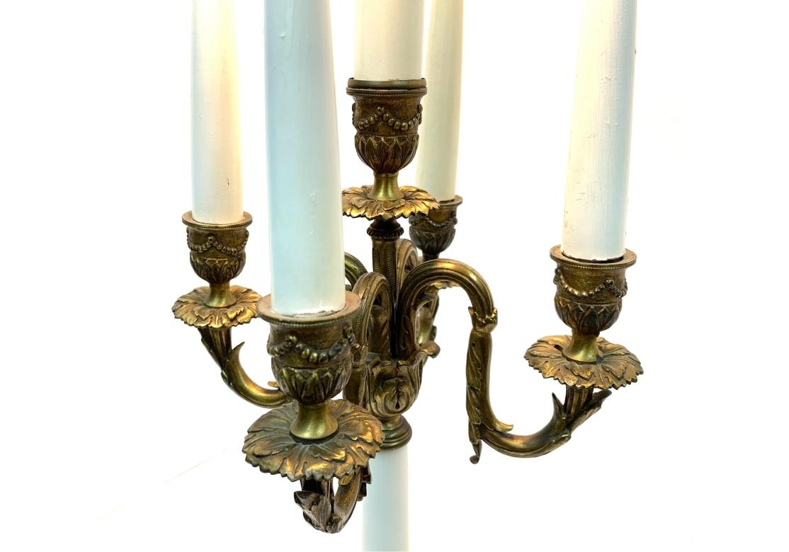 Pair Of  French Empire Style Candelabra Lamps With Custom Shades In Distressed Condition For Sale In Bridgeport, CT