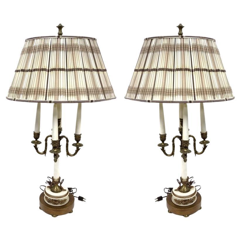 Pair Of  French Empire Style Candelabra Lamps With Custom Shades For Sale