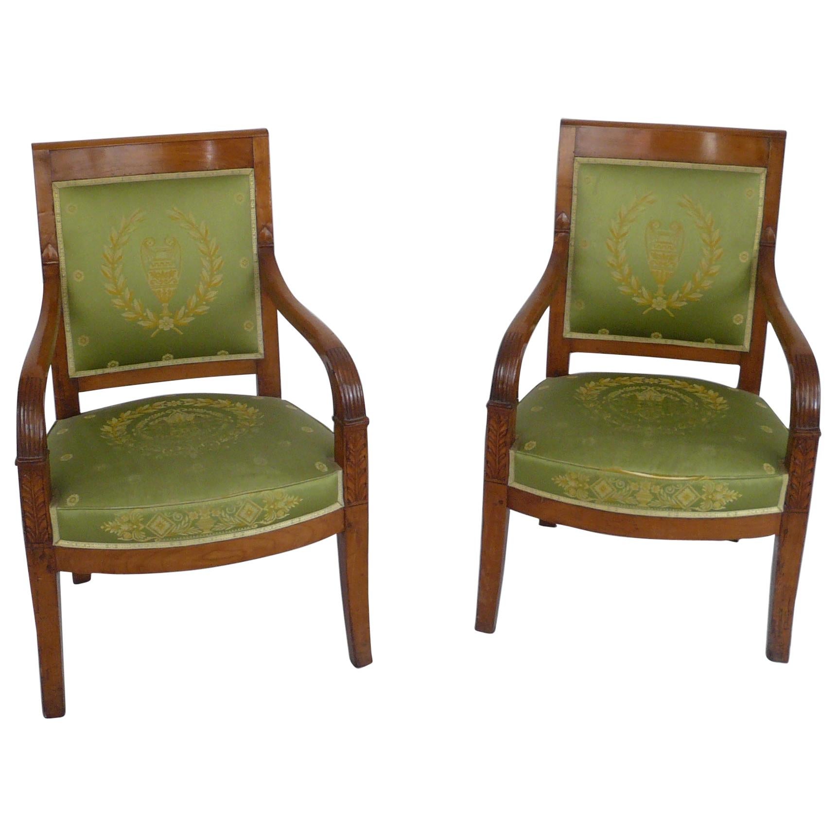 Pair of French Empire Style Carved Fruitwood Open Armchairs