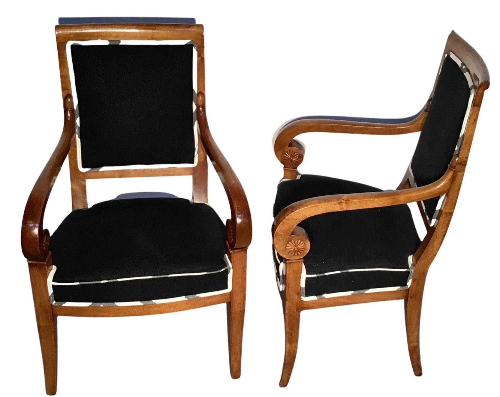 Pair of French Empire Style Carved Open Armchairs In Good Condition In Bradenton, FL