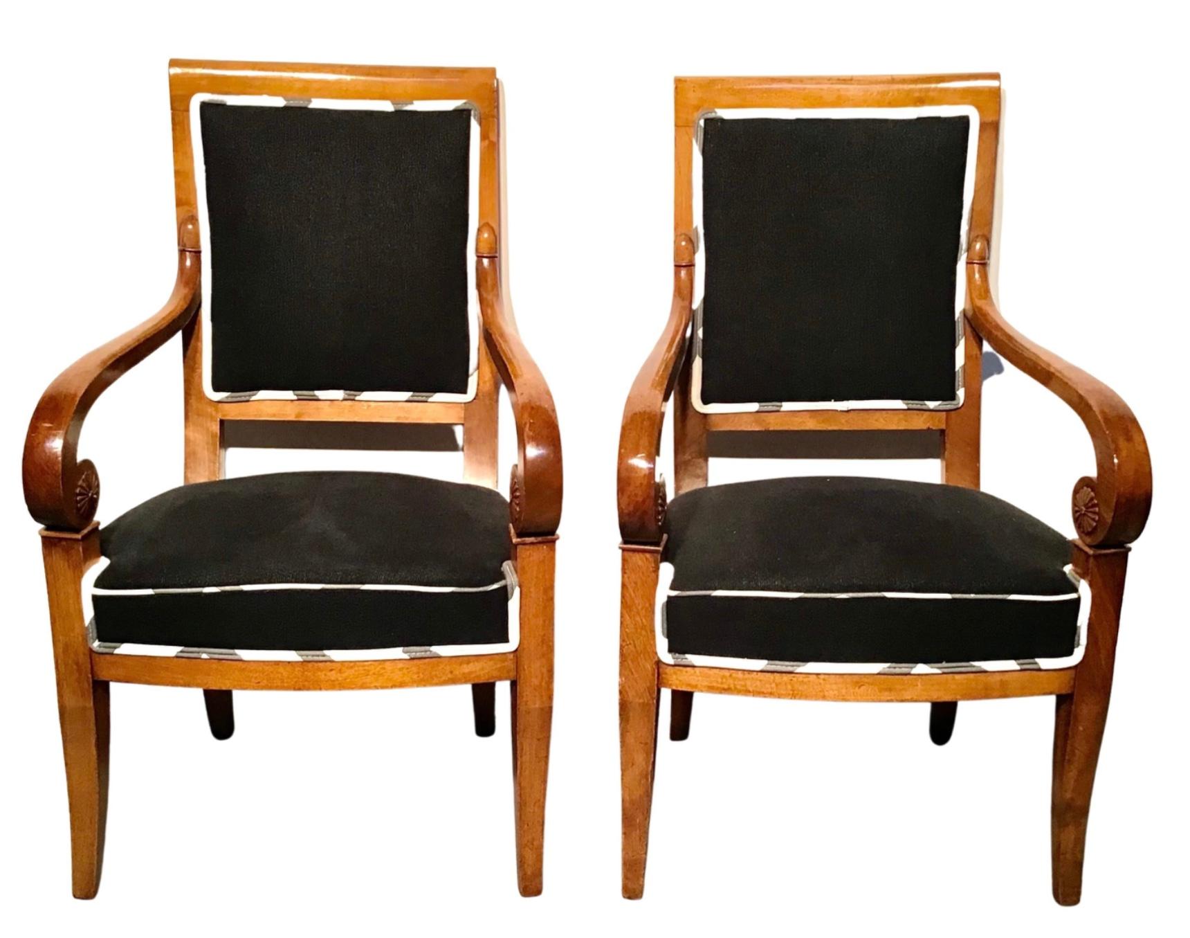 20th Century Pair of French Empire Style Carved Open Armchairs