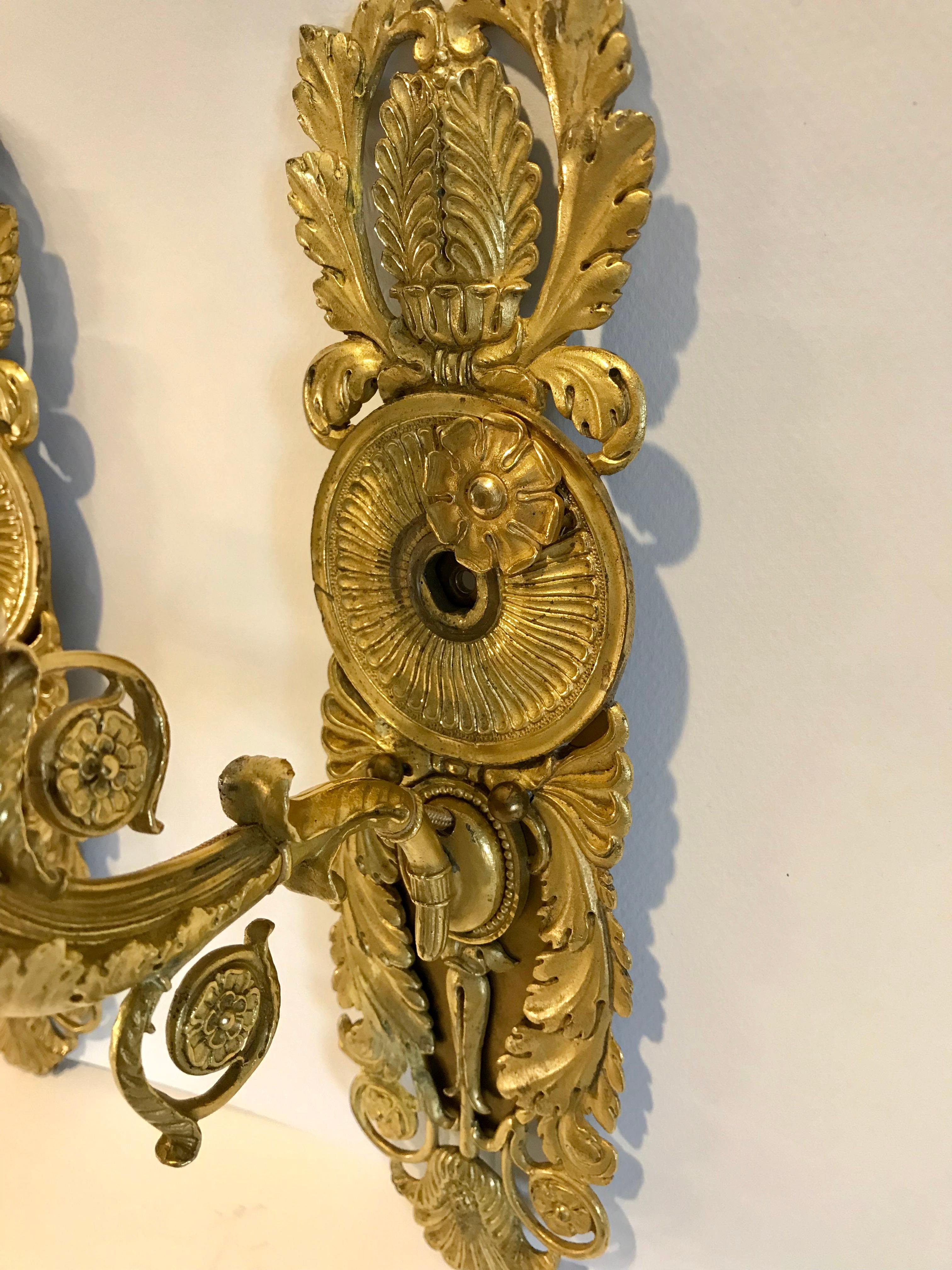 Pair of French Empire Style Dore Gilt Bronze Wall Sconces 5