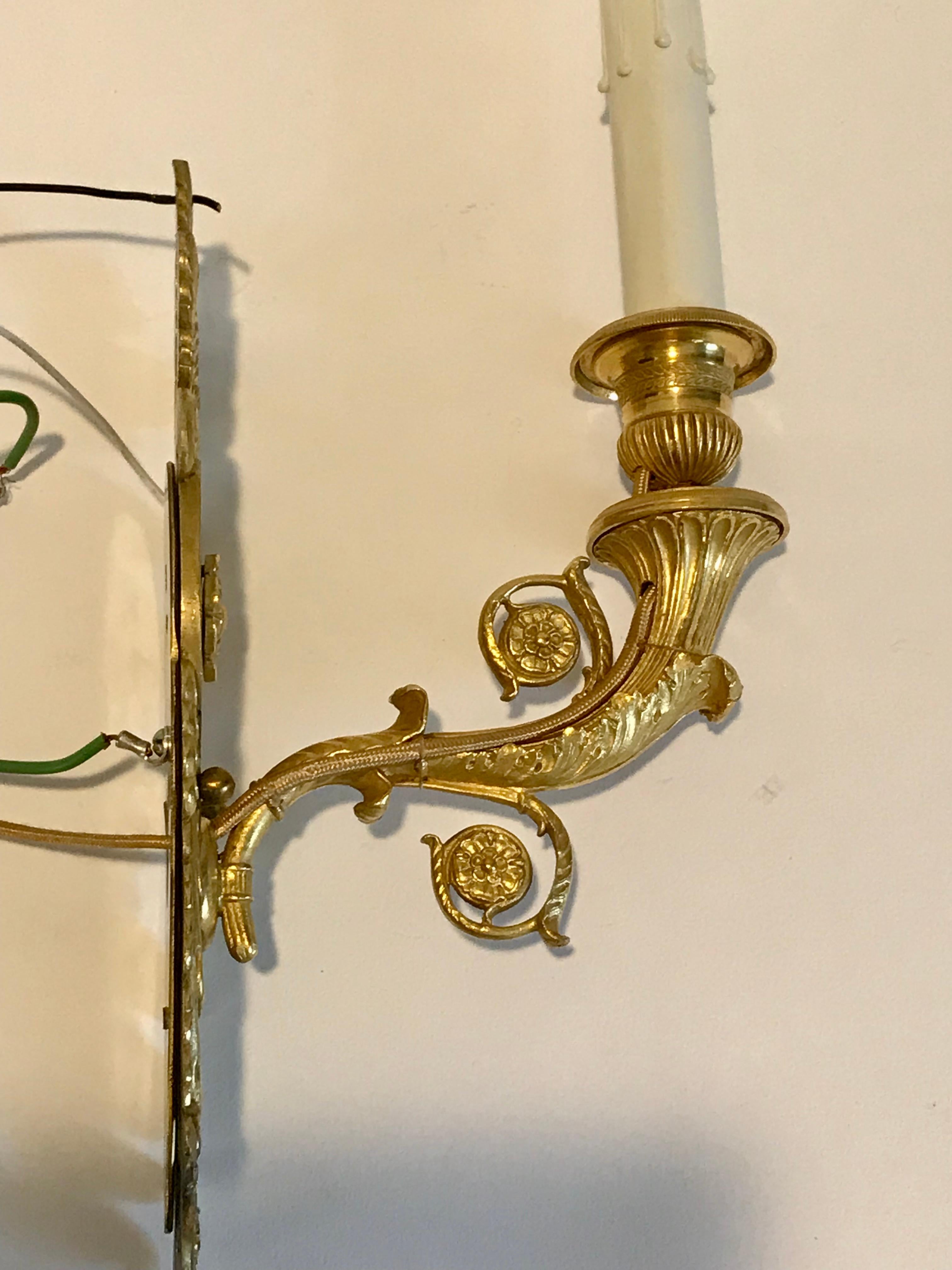 Pair of French Empire Style Dore Gilt Bronze Wall Sconces 6