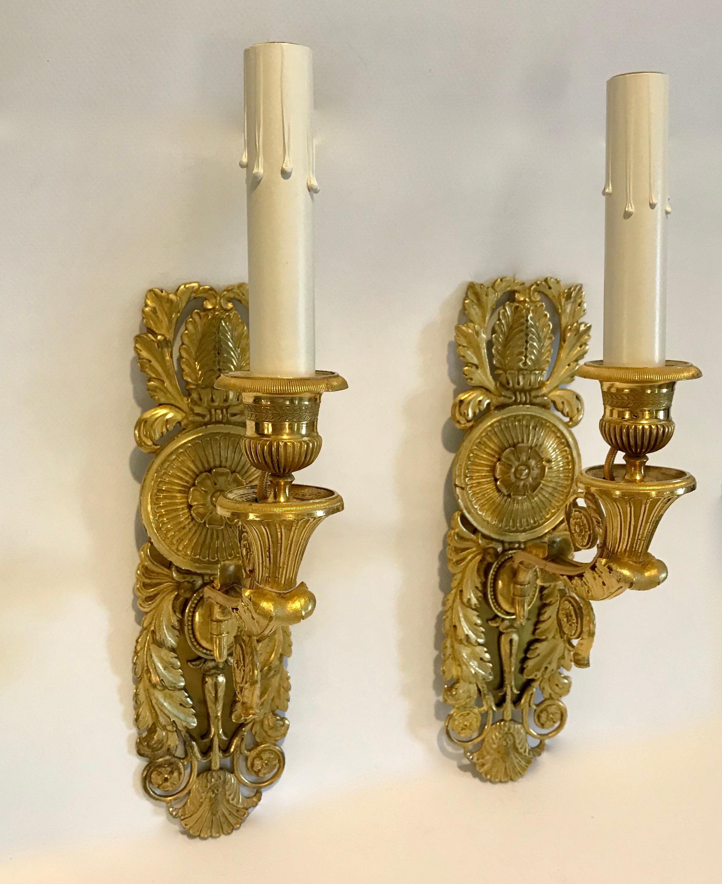 Empire Revival Pair of French Empire Style Dore Gilt Bronze Wall Sconces