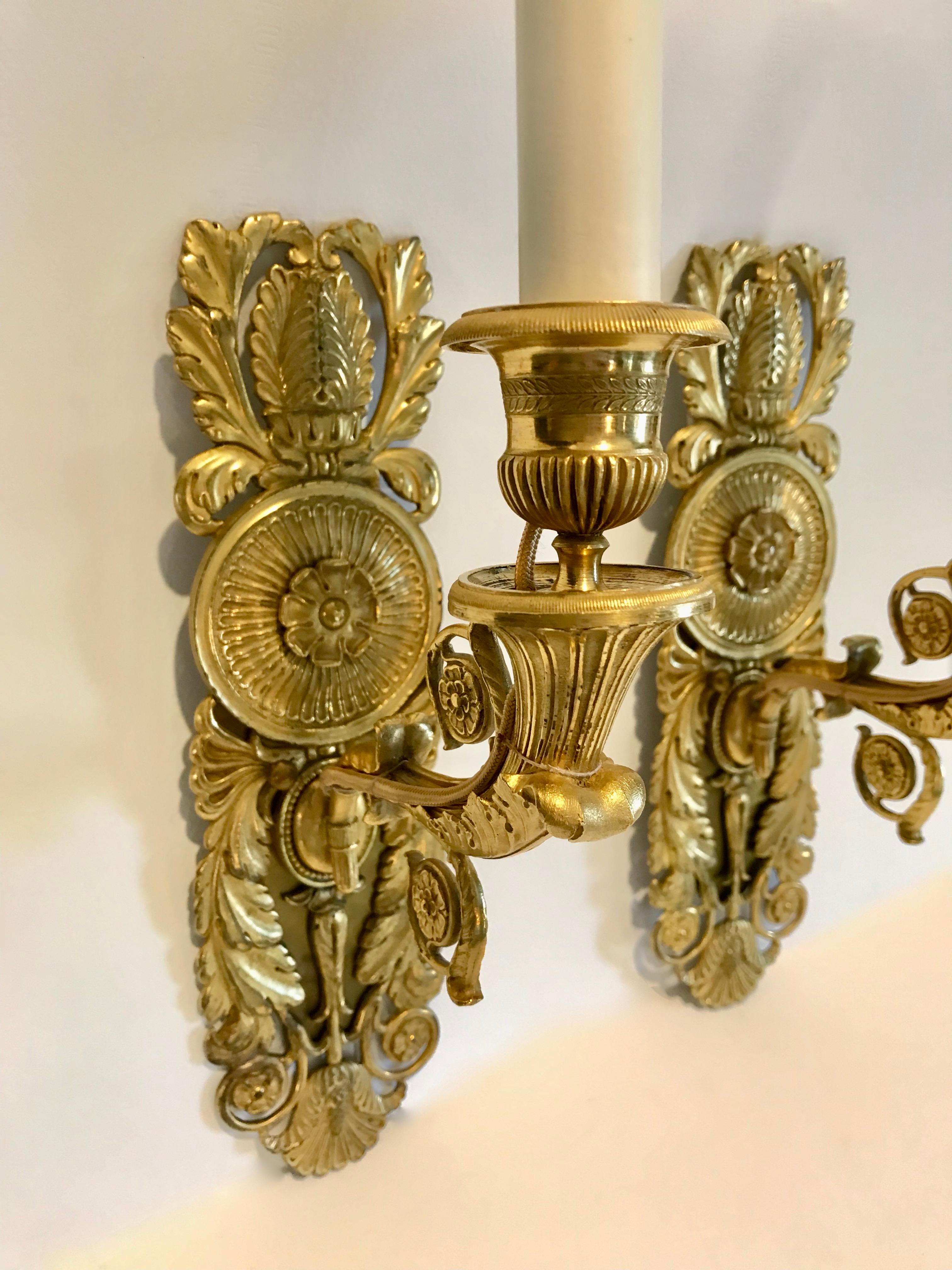 Pair of French Empire Style Dore Gilt Bronze Wall Sconces In Good Condition In Dallas, TX