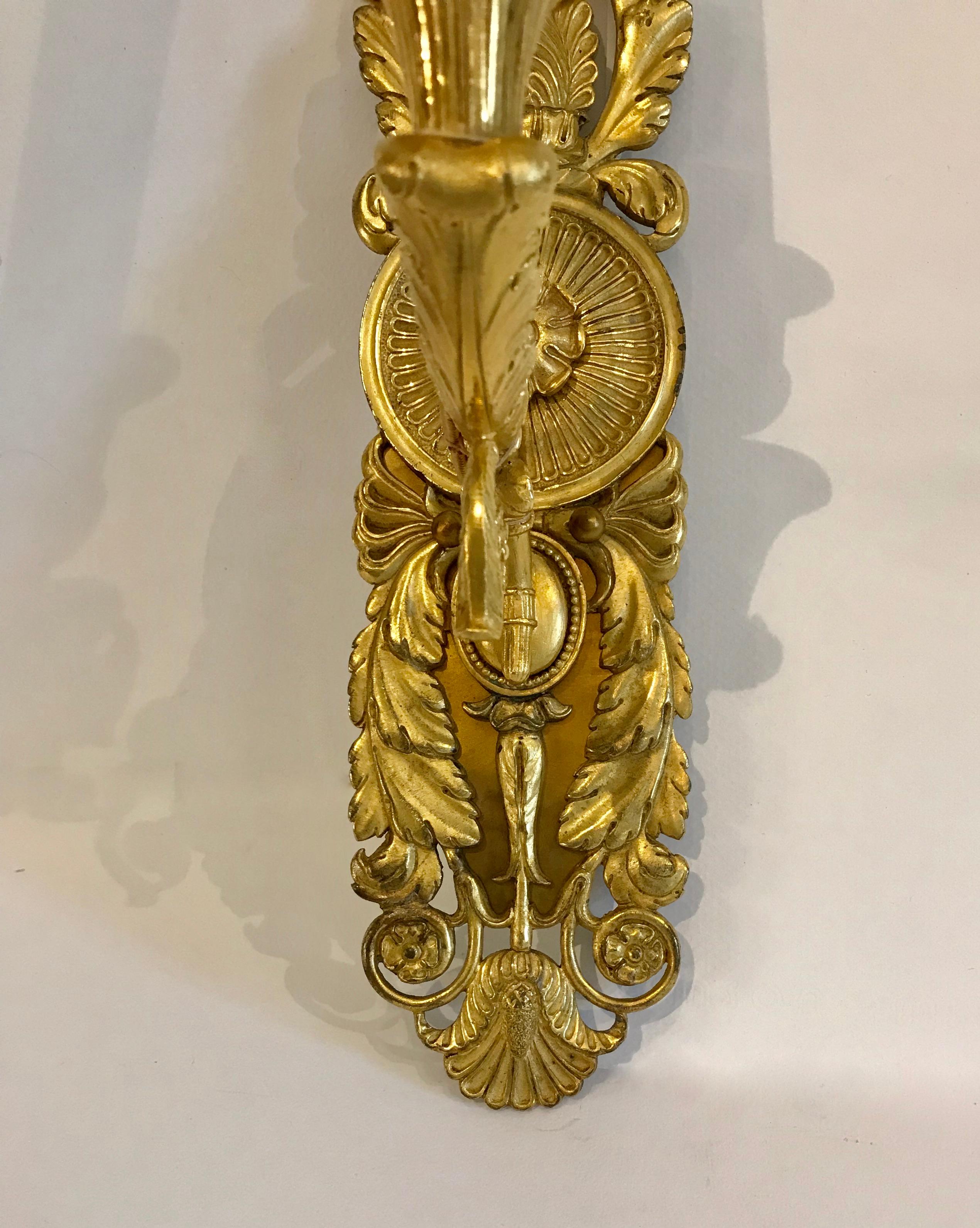 Pair of French Empire Style Dore Gilt Bronze Wall Sconces 3