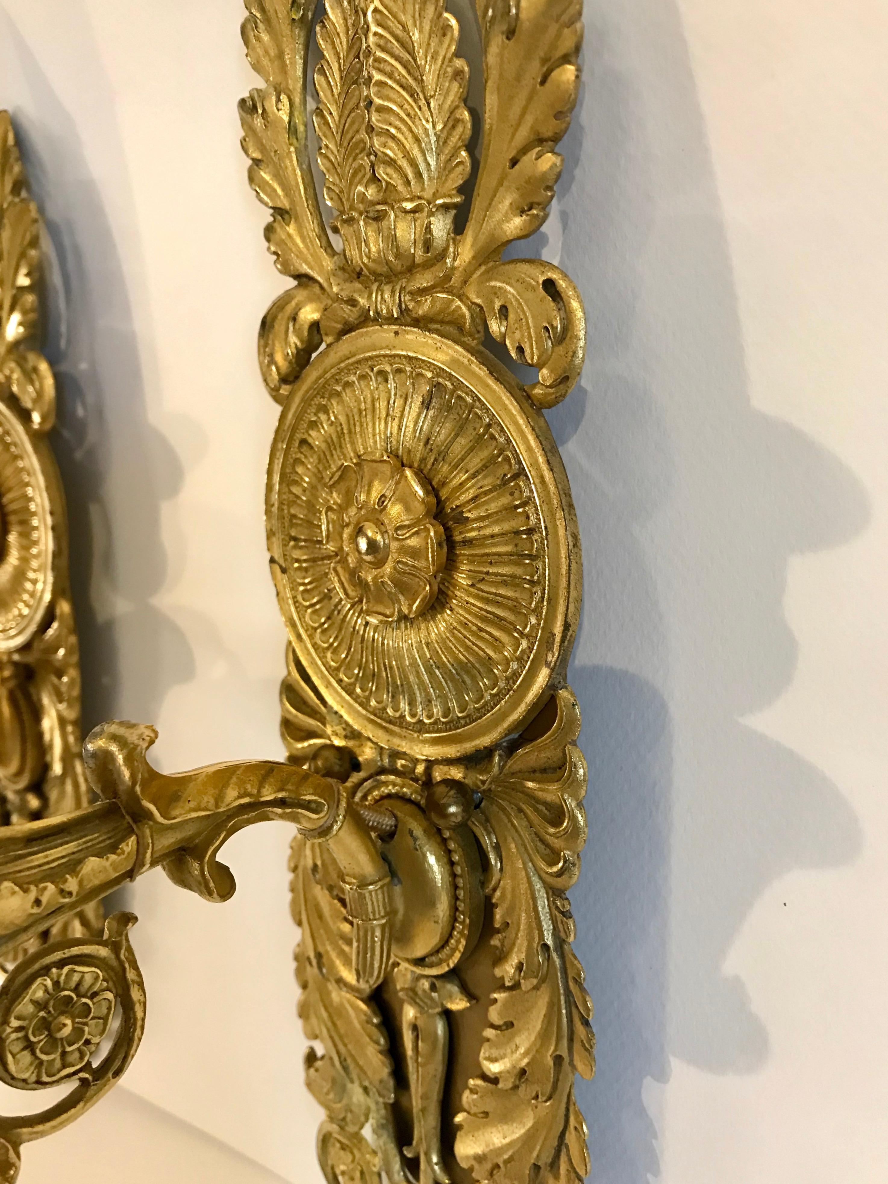 Pair of French Empire Style Dore Gilt Bronze Wall Sconces 4