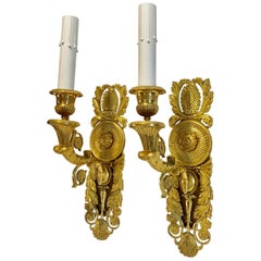 Pair of French Empire Style Dore Gilt Bronze Wall Sconces