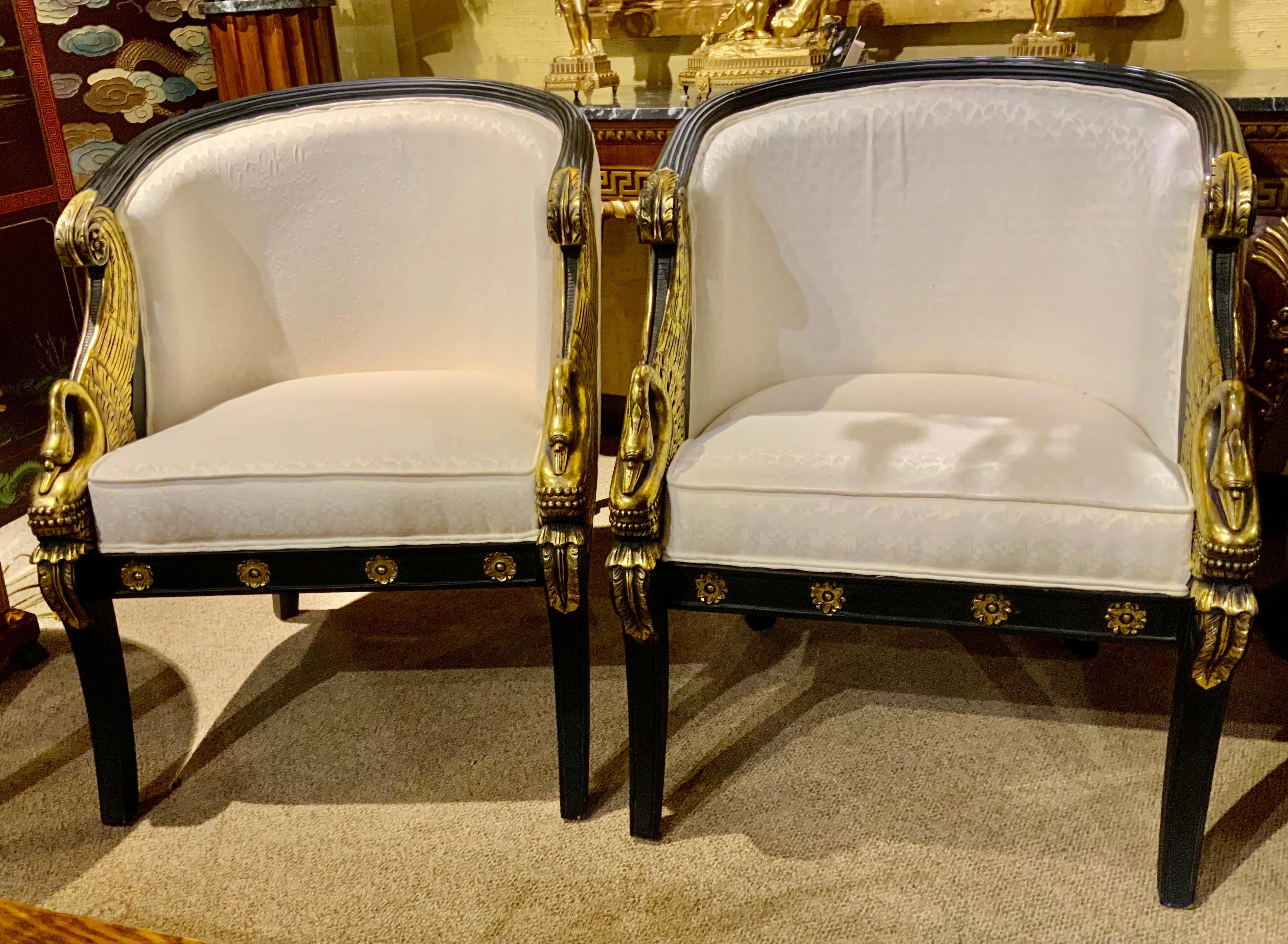 Hand-Painted Pair of French Empire-Style Ebonized and Parcel Gilt Bergeres For Sale