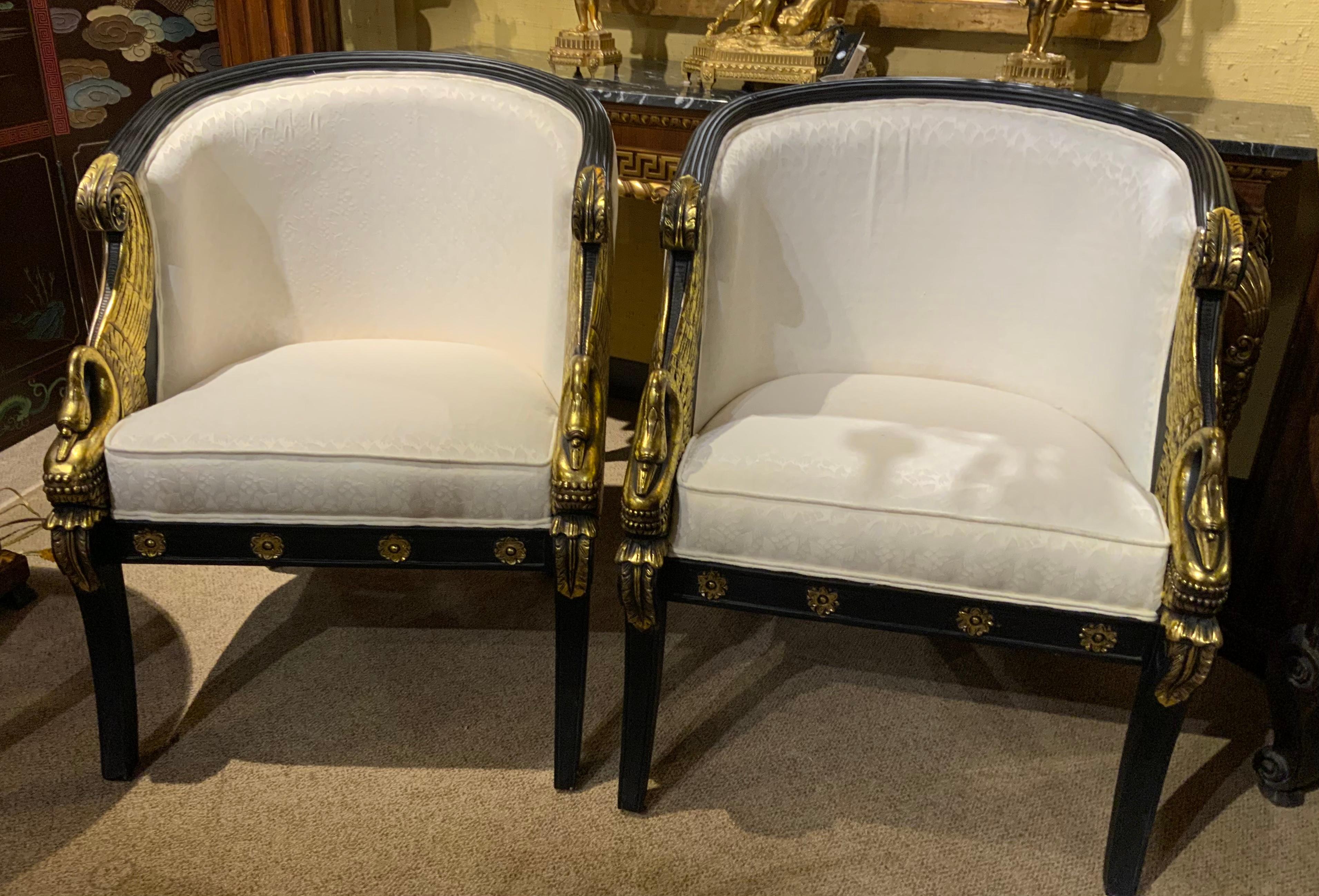 Pair of French Empire-Style Ebonized and Parcel Gilt Bergeres In Good Condition For Sale In Houston, TX