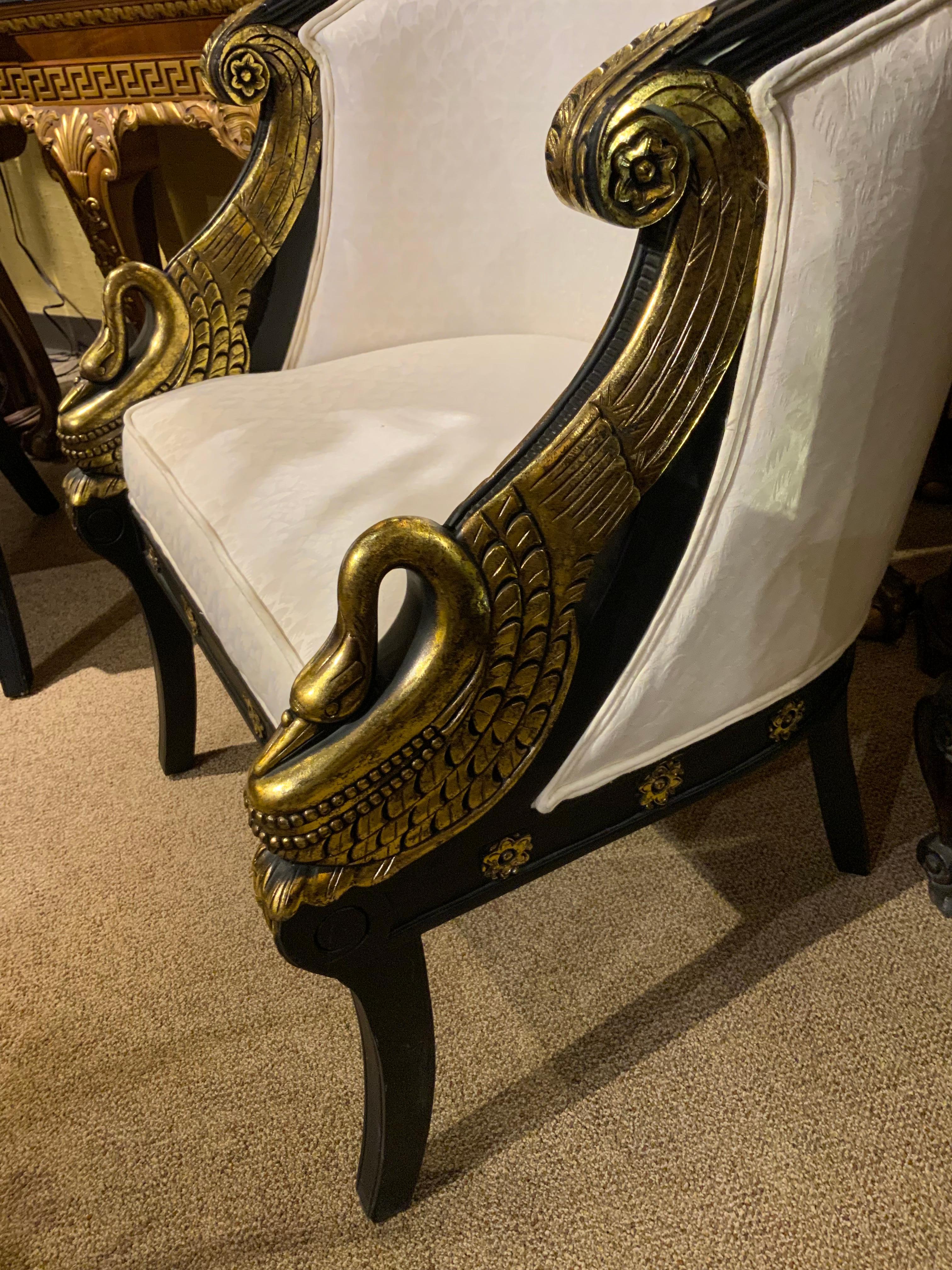Giltwood Pair of French Empire-Style Ebonized and Parcel Gilt Bergeres For Sale