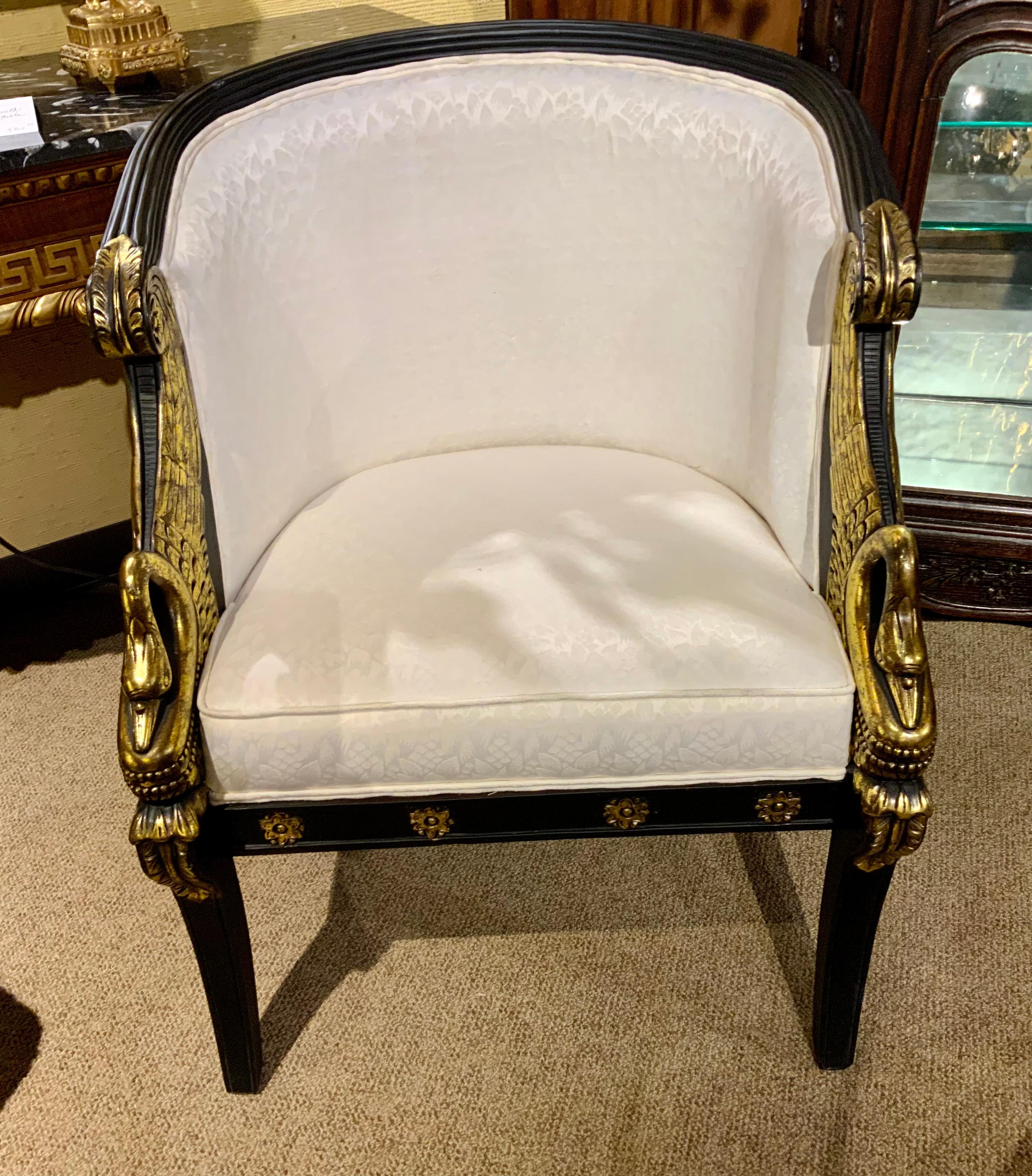 Pair of French Empire-Style Ebonized and Parcel Gilt Bergeres For Sale 1