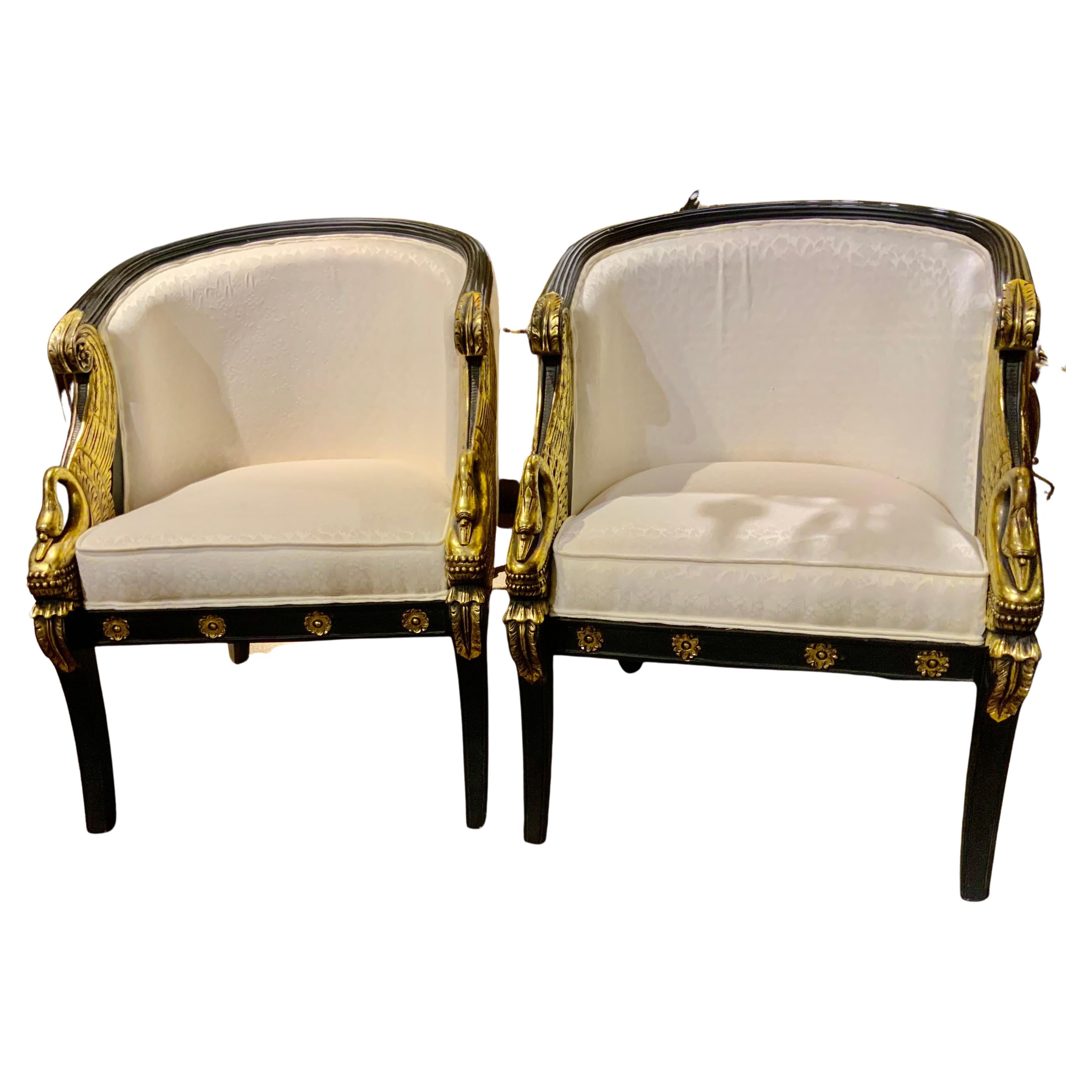 Pair of French Empire-Style Ebonized and Parcel Gilt Bergeres For Sale
