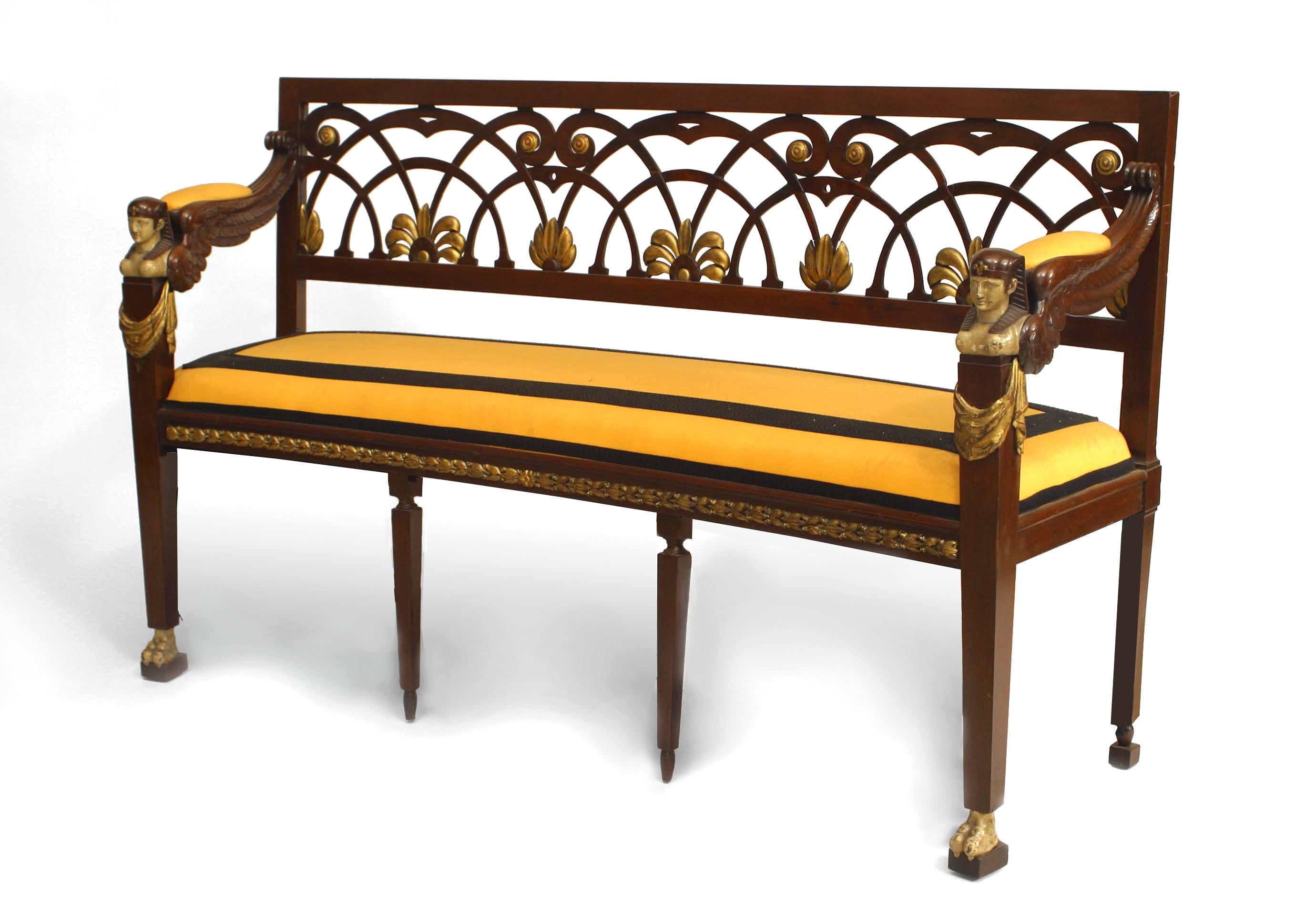 Pair of French Empire style (19th Cent) Egyptian Neo-classic design mahogany loveseats with filigree back and yellow upholstery
