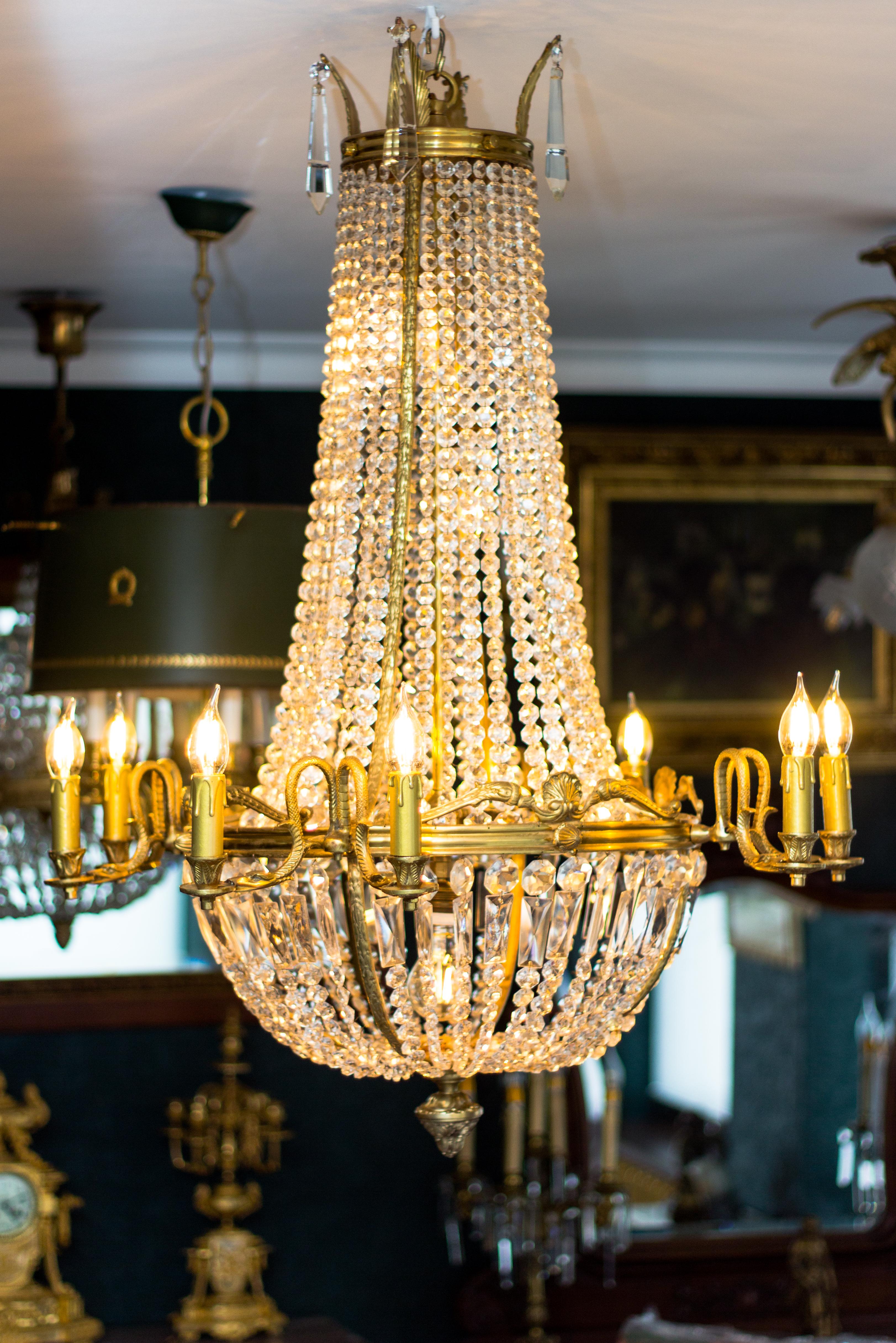Pair of French Empire Style Fifteen-Light Crystal and Bronze Basket Chandeliers 10