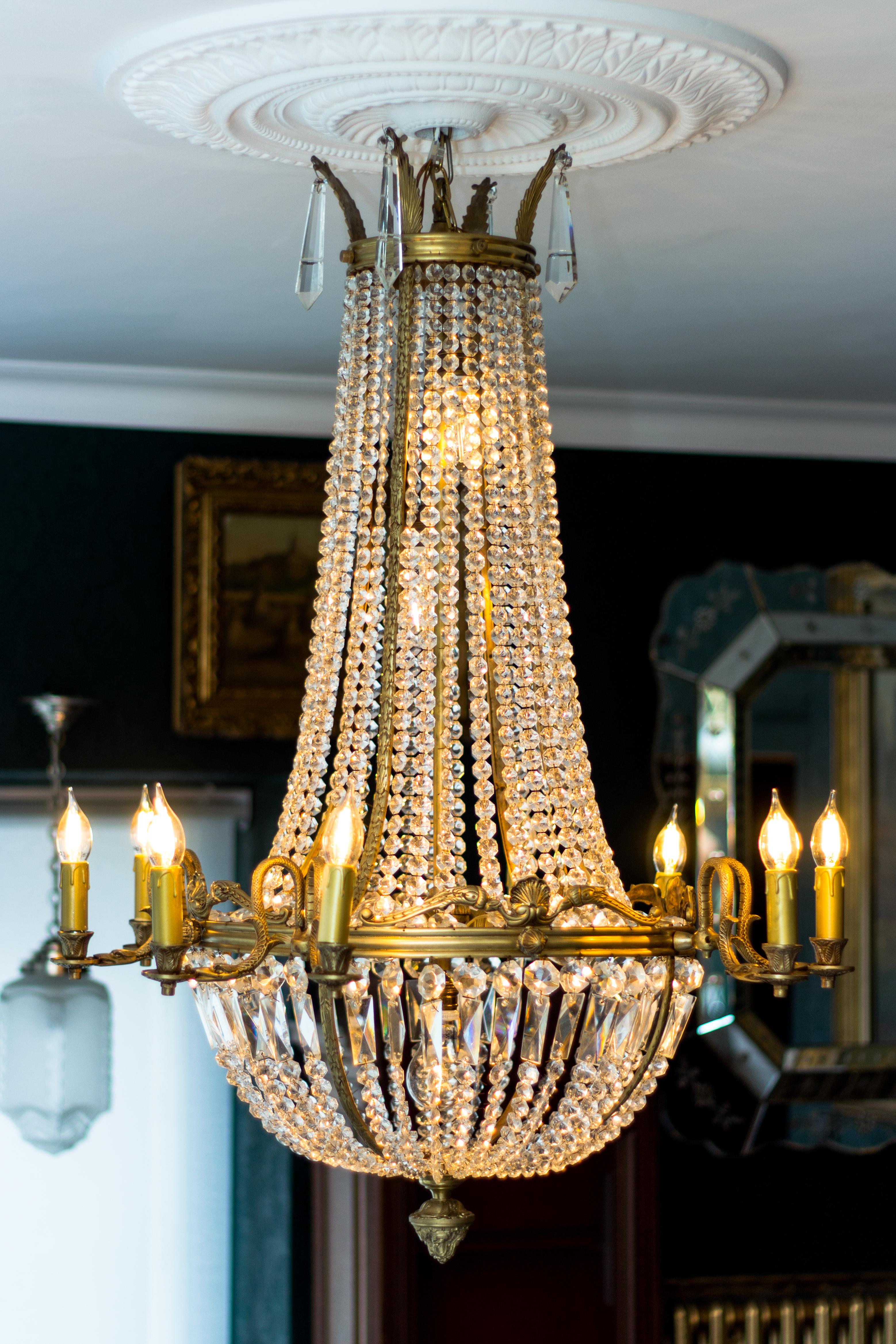Pair of French Empire Style Fifteen-Light Crystal and Bronze Basket Chandeliers 15