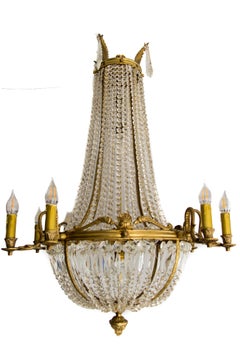 Pair of French Empire Style Fifteen-Light Crystal and Bronze Basket Chandeliers