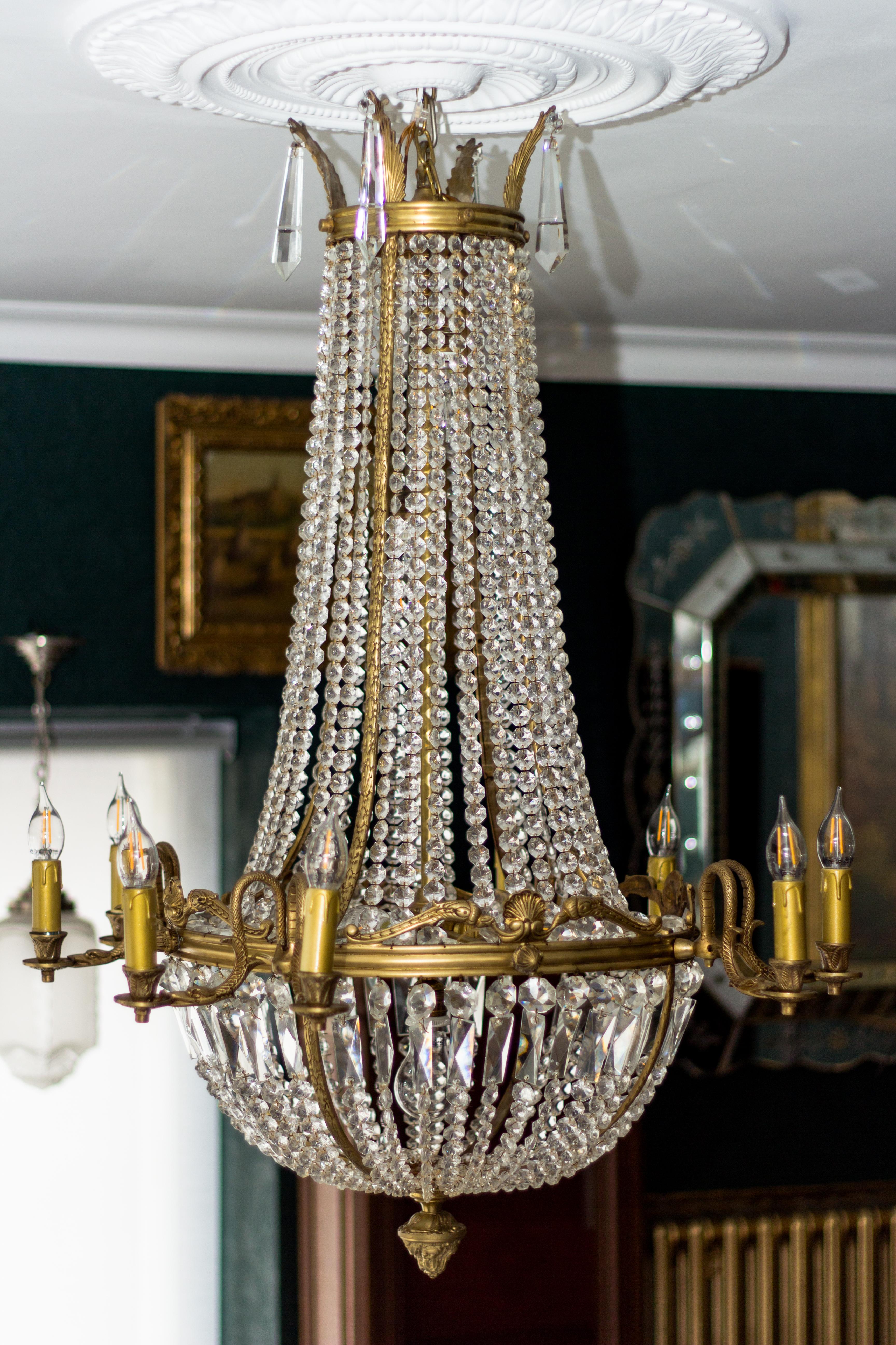 Pair of French Empire Style Fifteen-Light Crystal and Bronze Basket Chandeliers 1