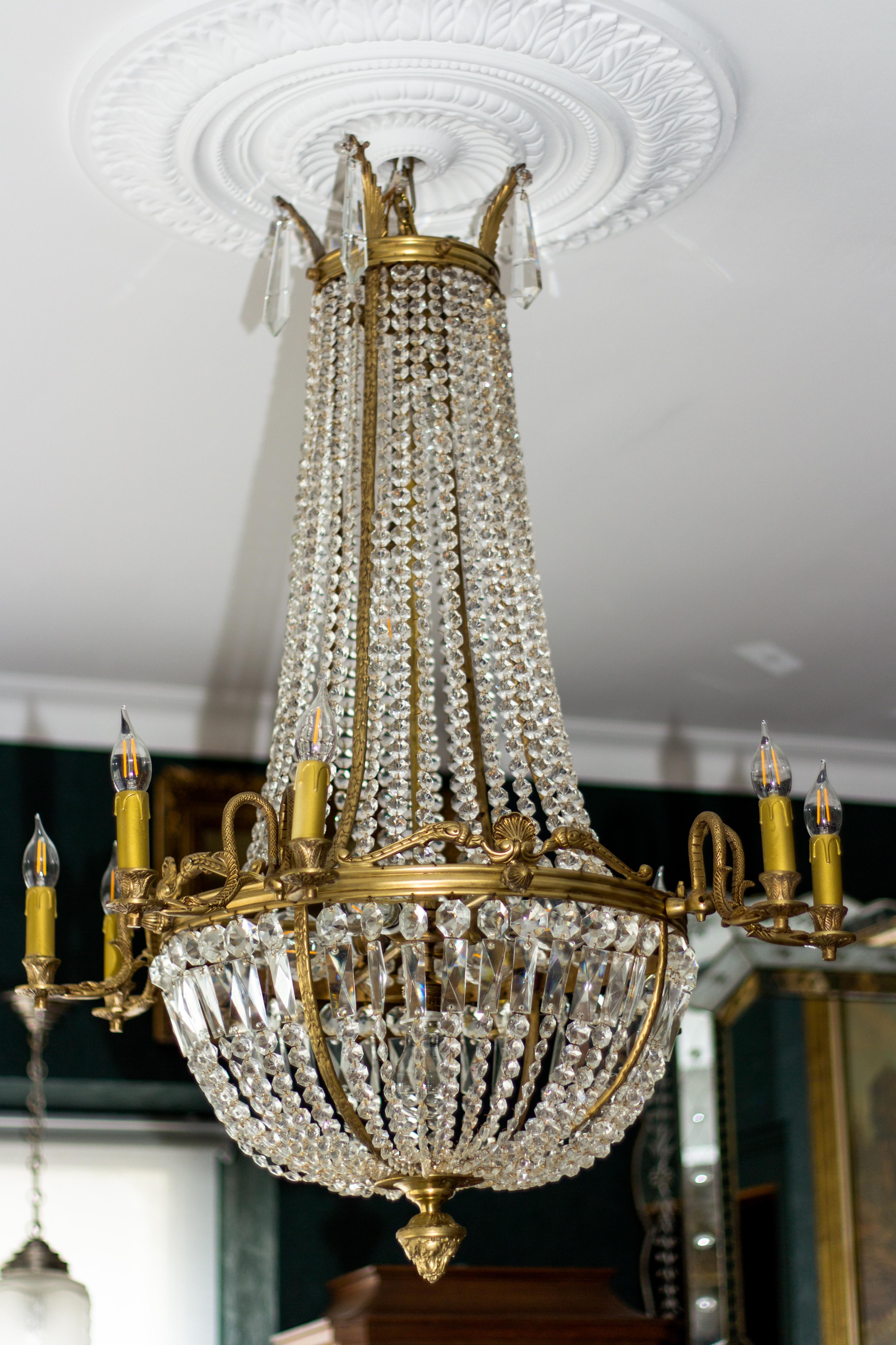 Pair of French Empire Style Fifteen-Light Crystal and Bronze Basket Chandeliers 2