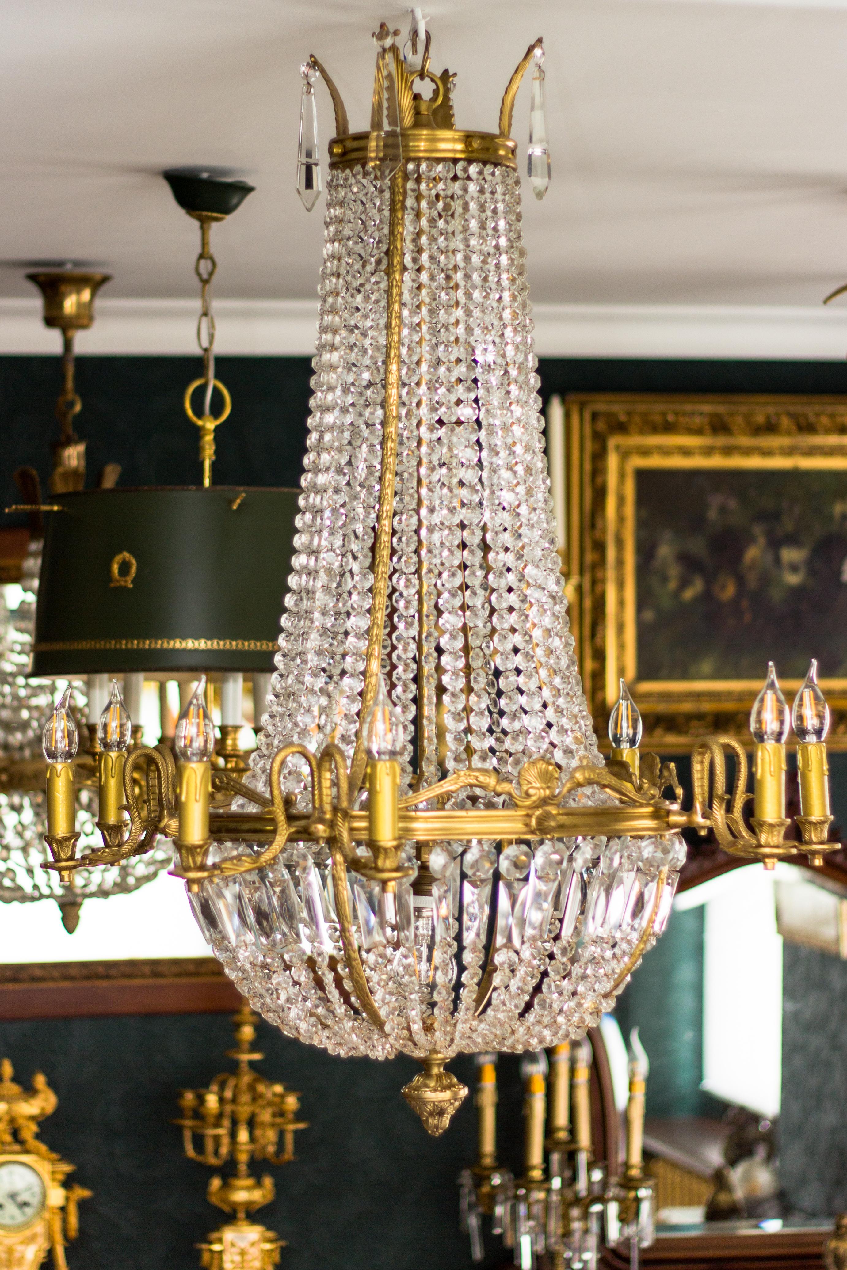 Pair of French Empire Style Fifteen-Light Crystal and Bronze Basket Chandeliers 3