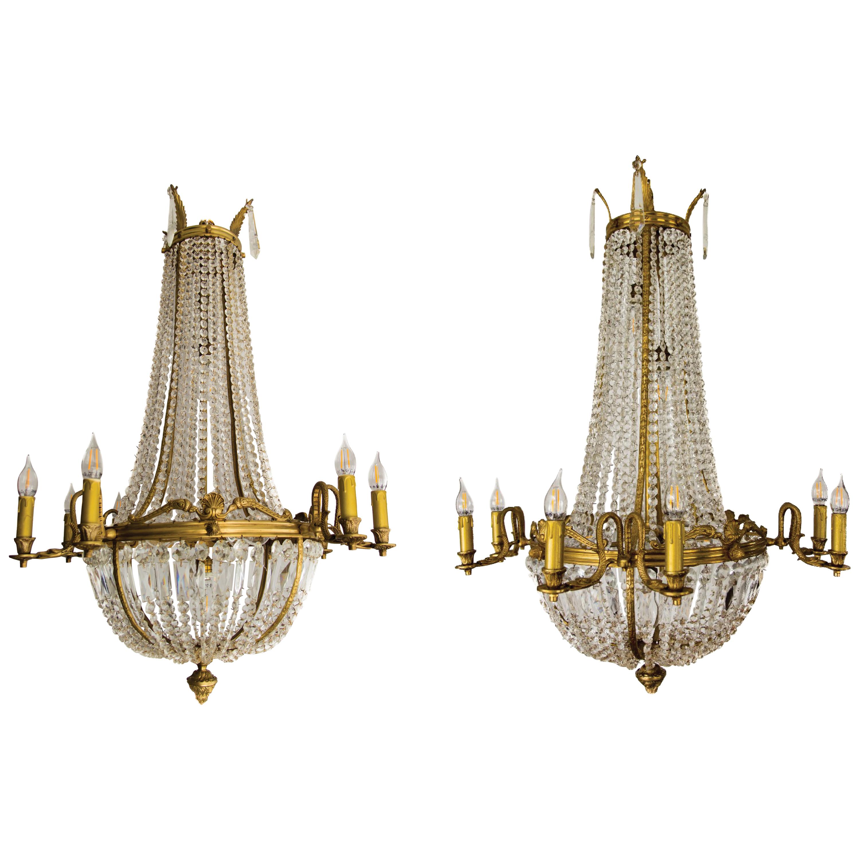 Pair of French Empire Style Fifteen-Light Crystal and Bronze Basket Chandeliers