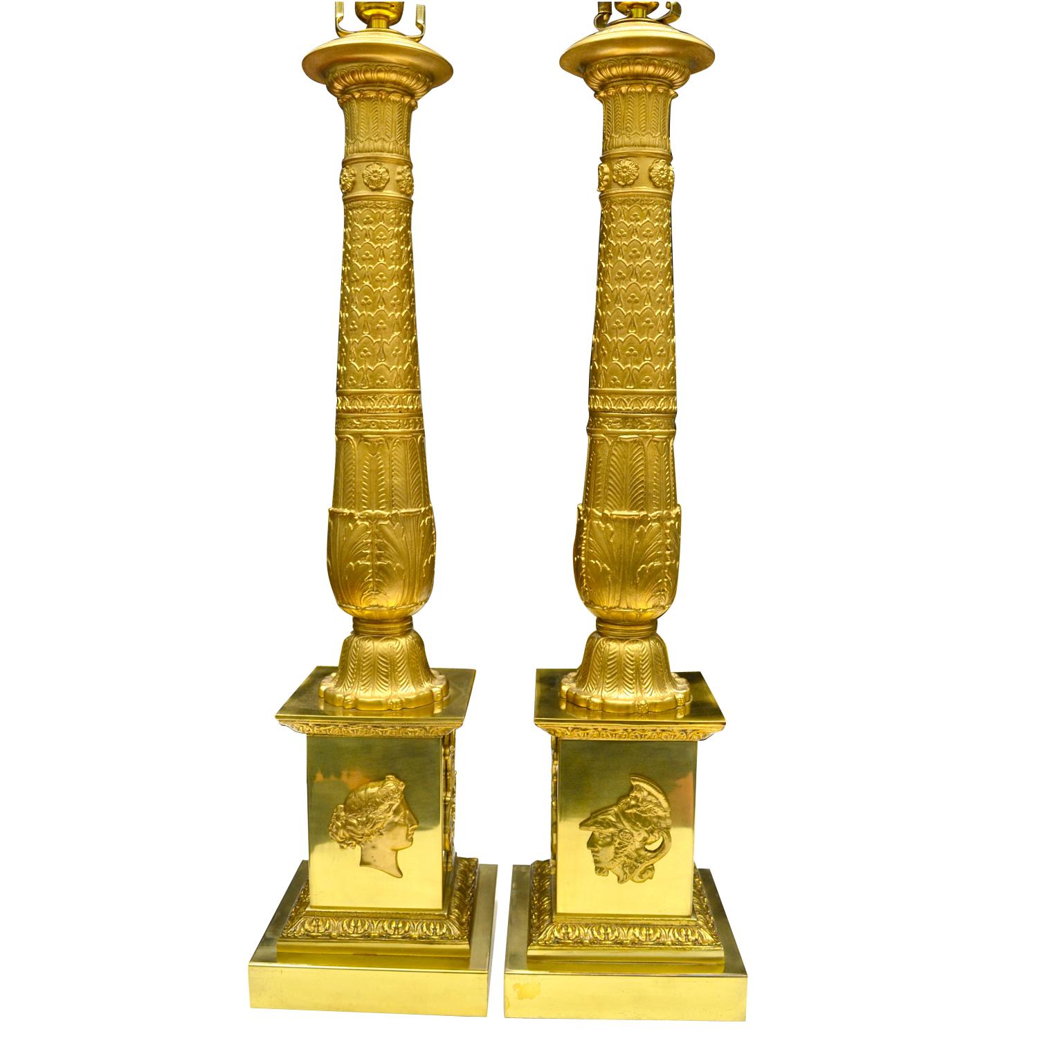 European Pair of French Empire Style Gilded Metal Column Lamps