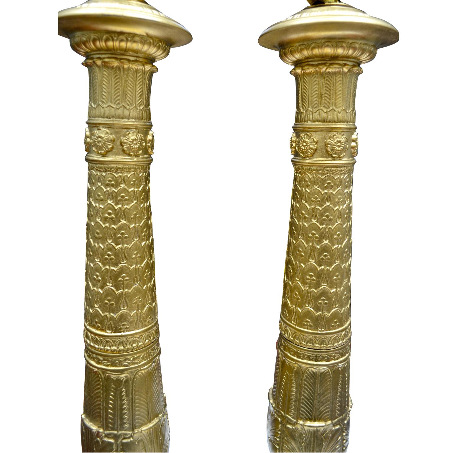 Gilt Pair of French Empire Style Gilded Metal Column Lamps